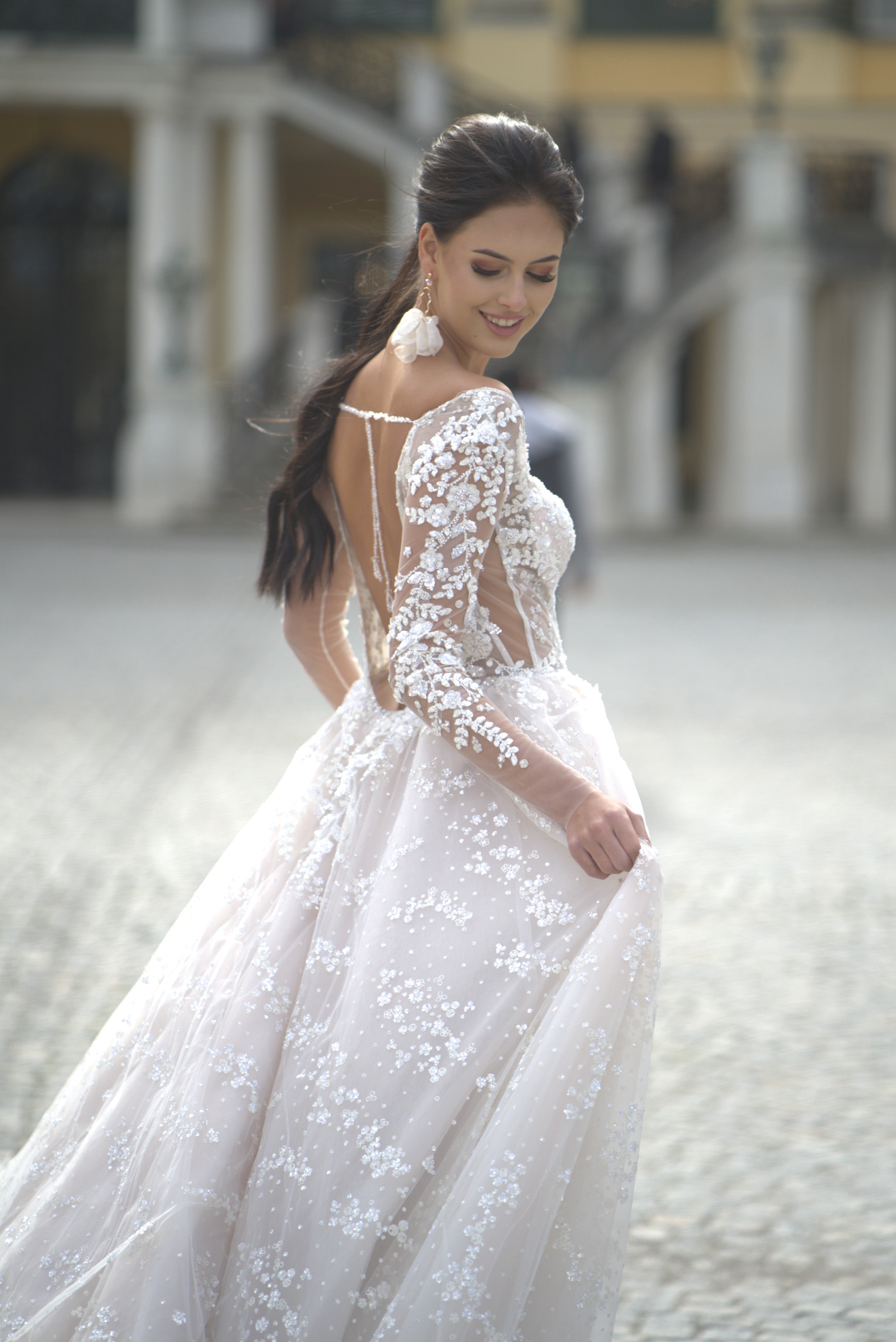 custom wedding dress floral lace wedding dress with long sleeves and open back 