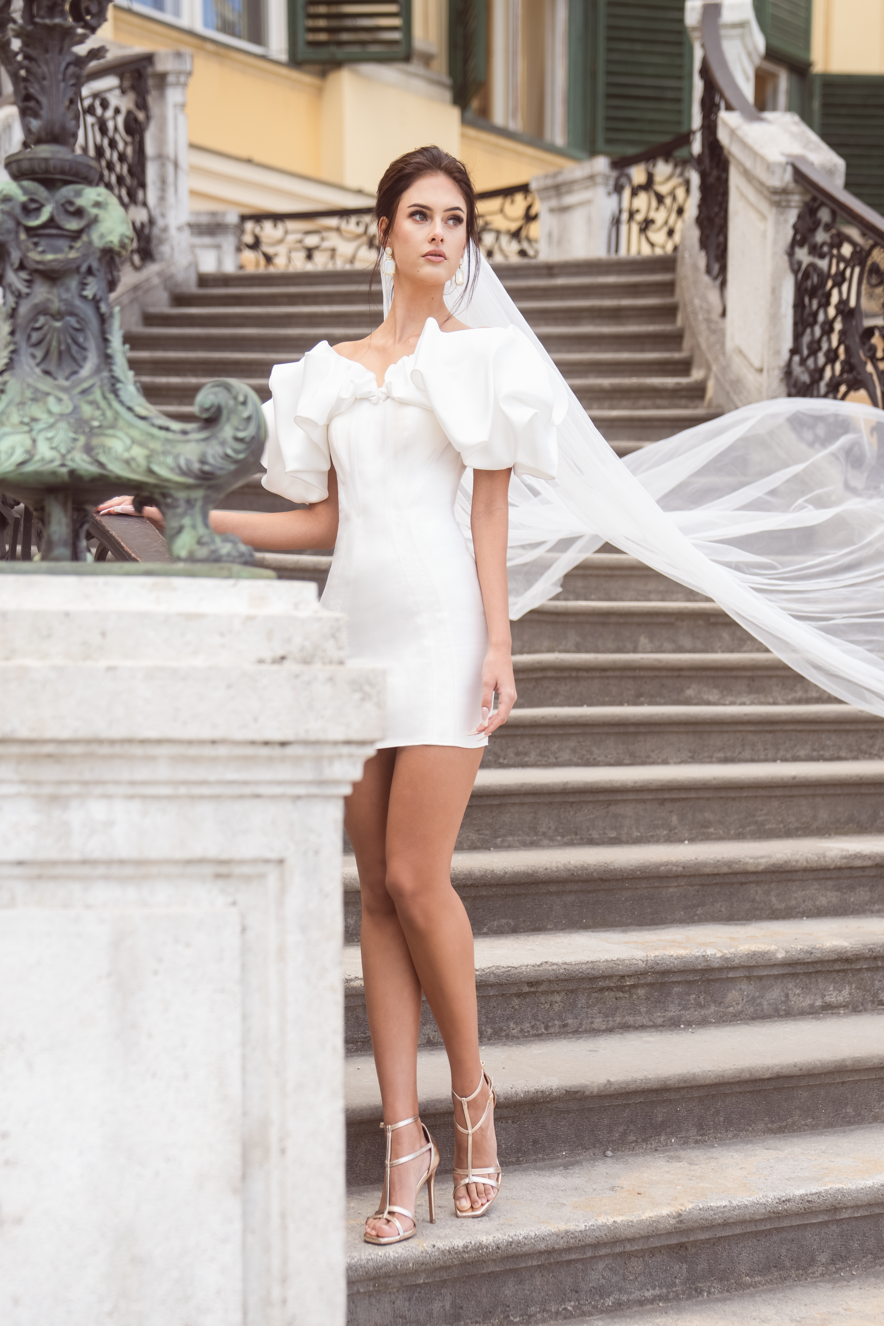 Bianca - Short Wedding Dress with Puff Sleeves - Maxima Bridal