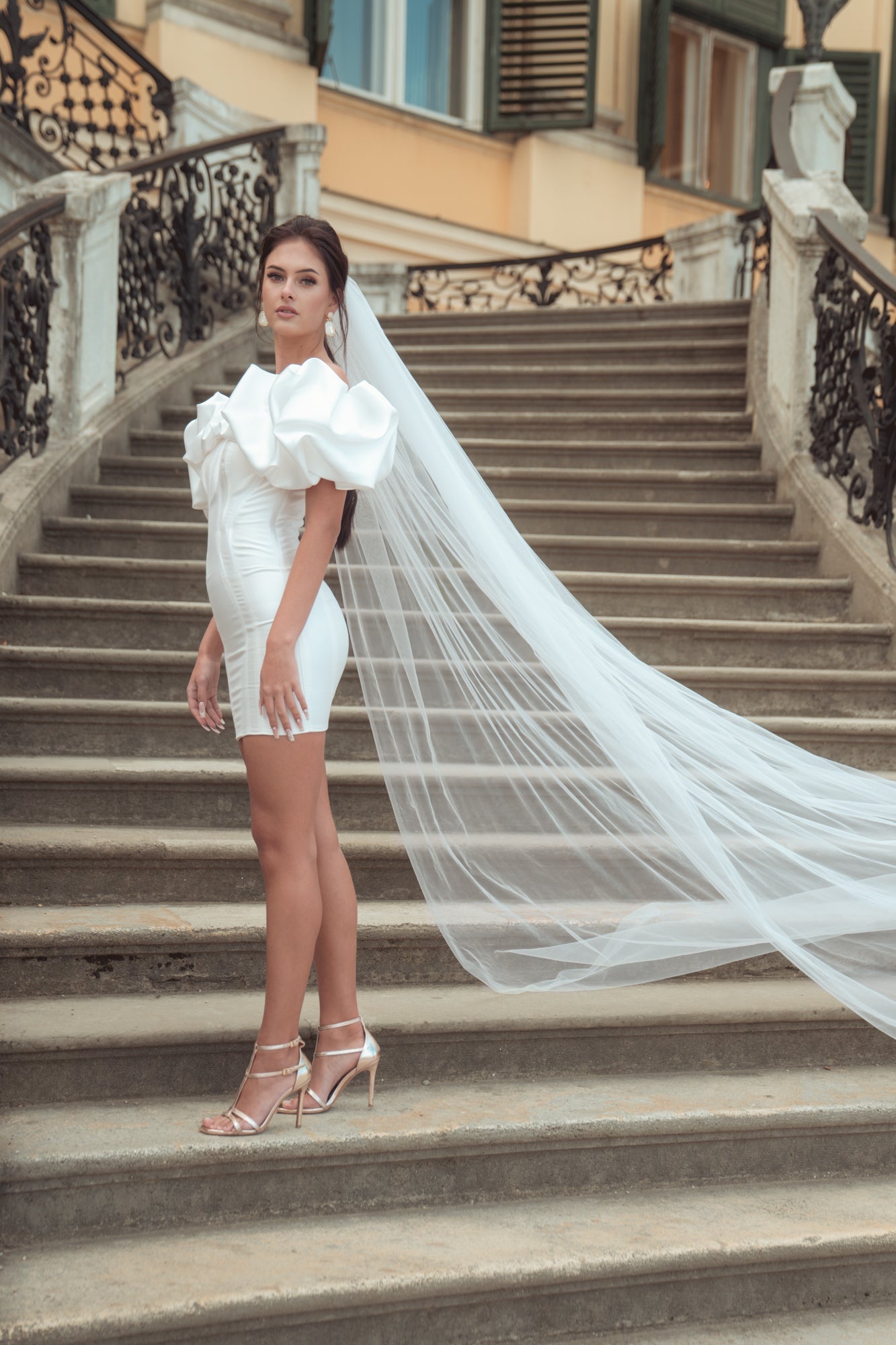 Bianca - Short Wedding Dress with Puff Sleeves - Maxima Bridal