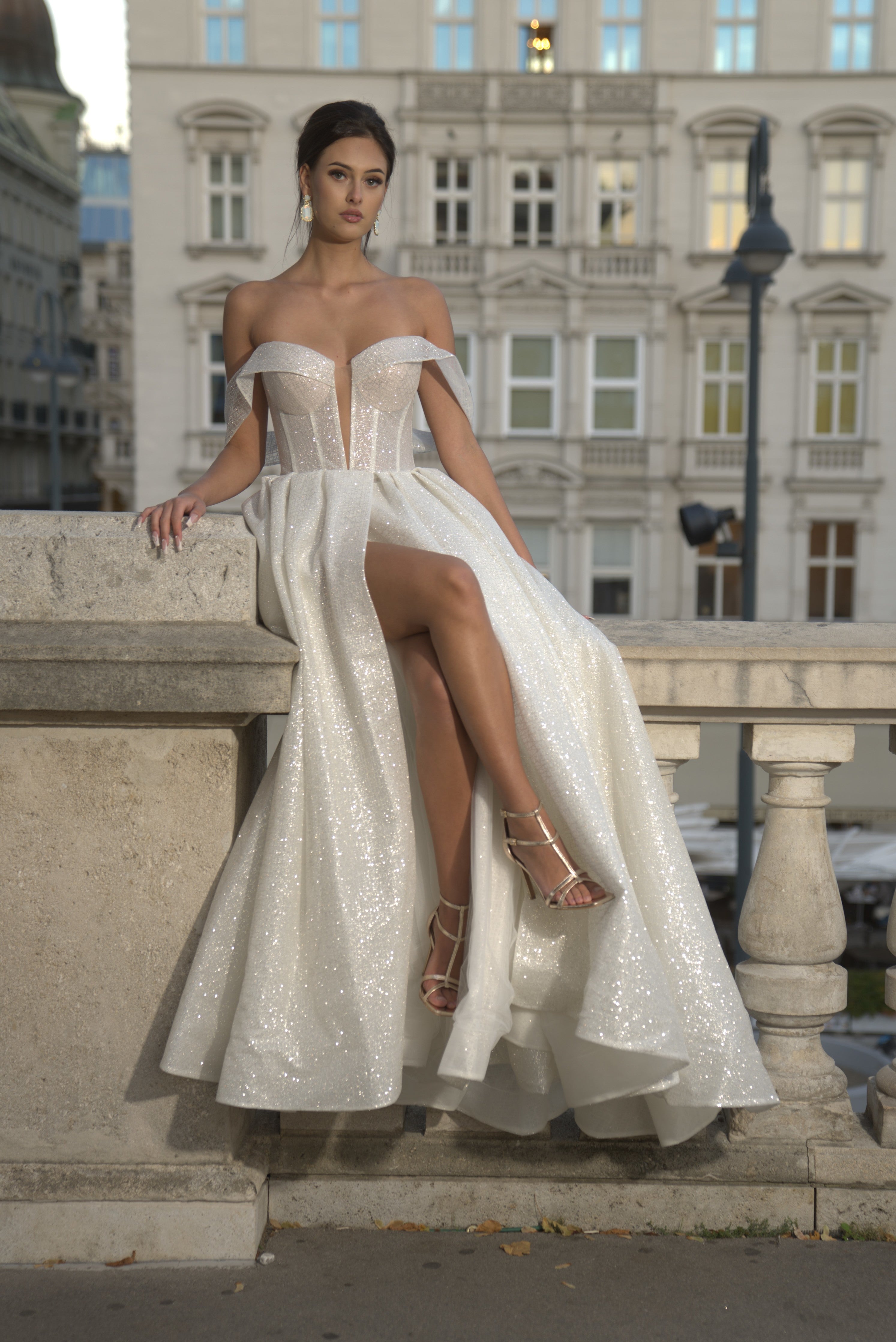 Paula - Sparkling Off the Shoulder Ball Gown with Sweetheart Bodice and Side Slit - Maxima Bridal