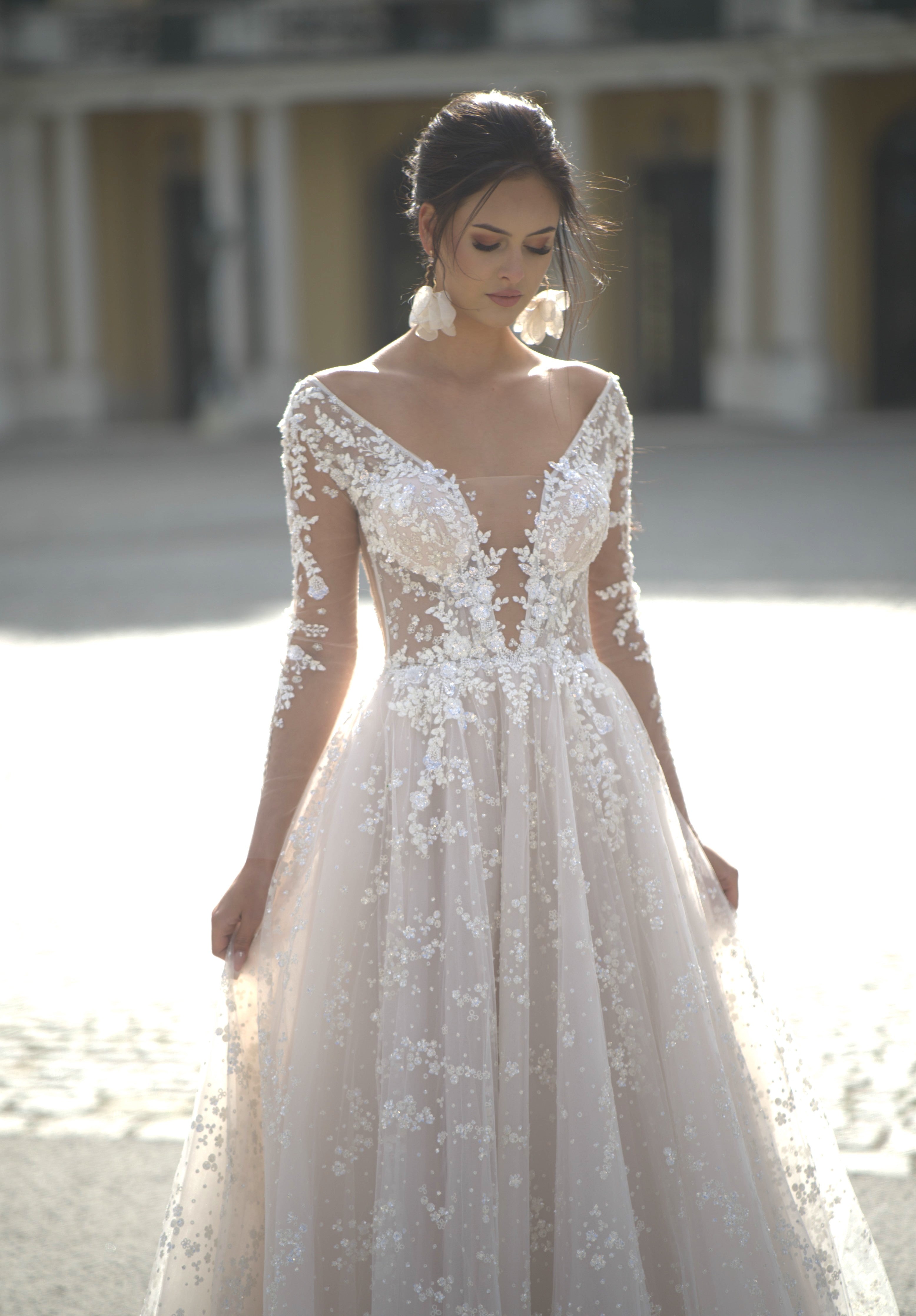 Lace Bridal Evening Dresses Long Sleeves Sheer Bodice Wedding