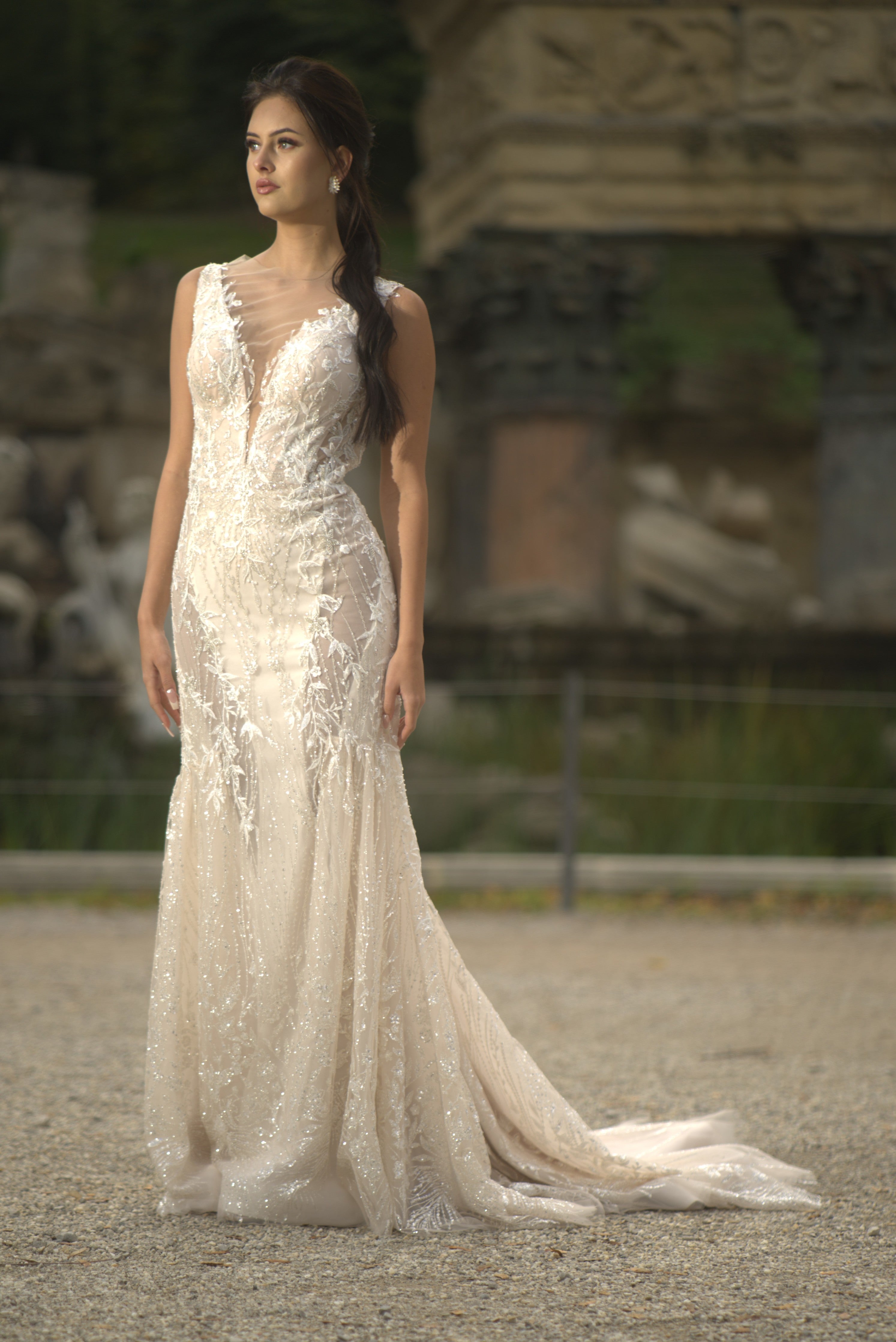 Claudia - Lace Sheath Wedding Dress with Illusion Back - Maxima Bridal