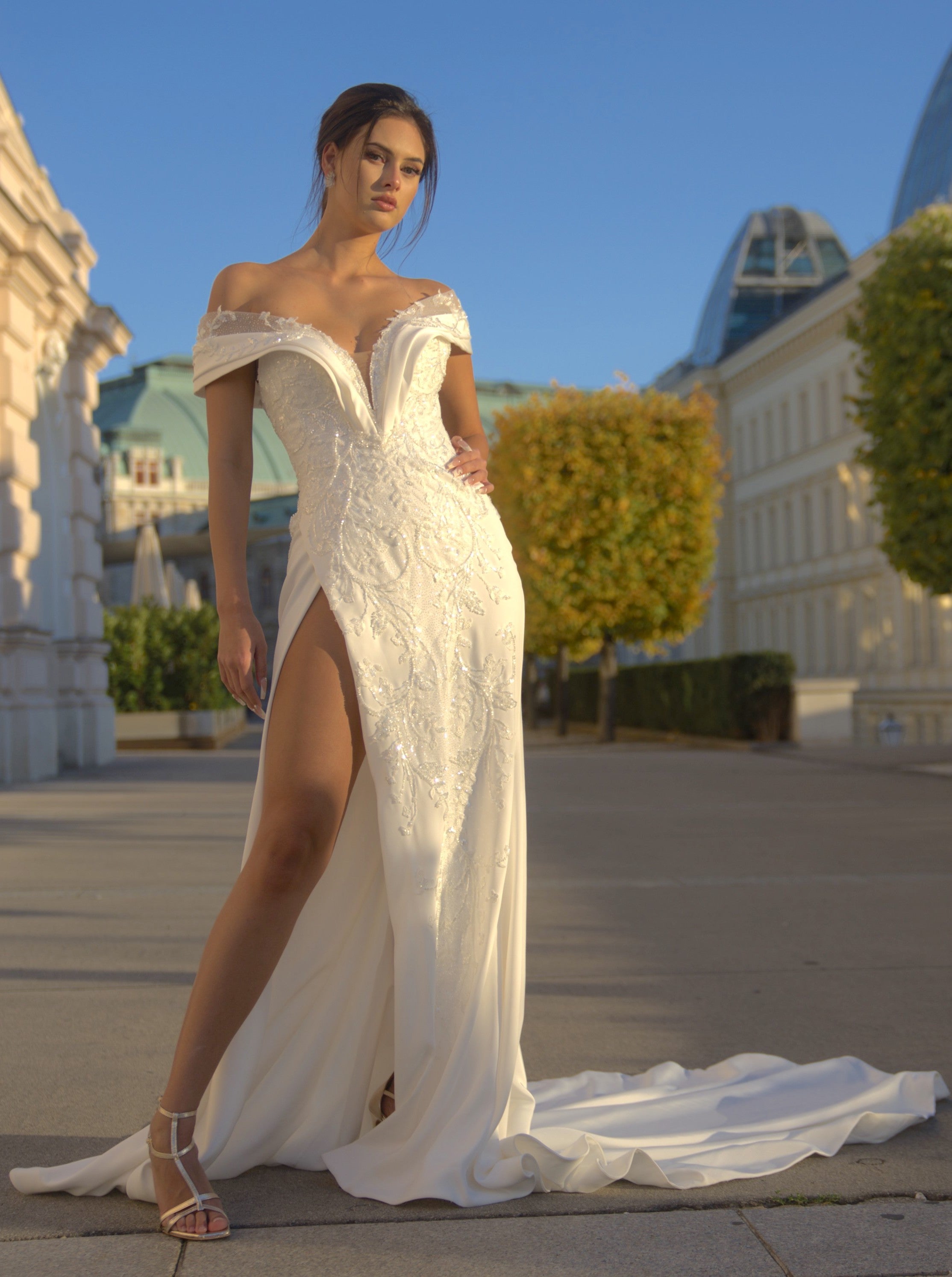 Sandra - Off the Shoulder Sheath Wedding Dress with Detachable Train - Maxima Bridal
