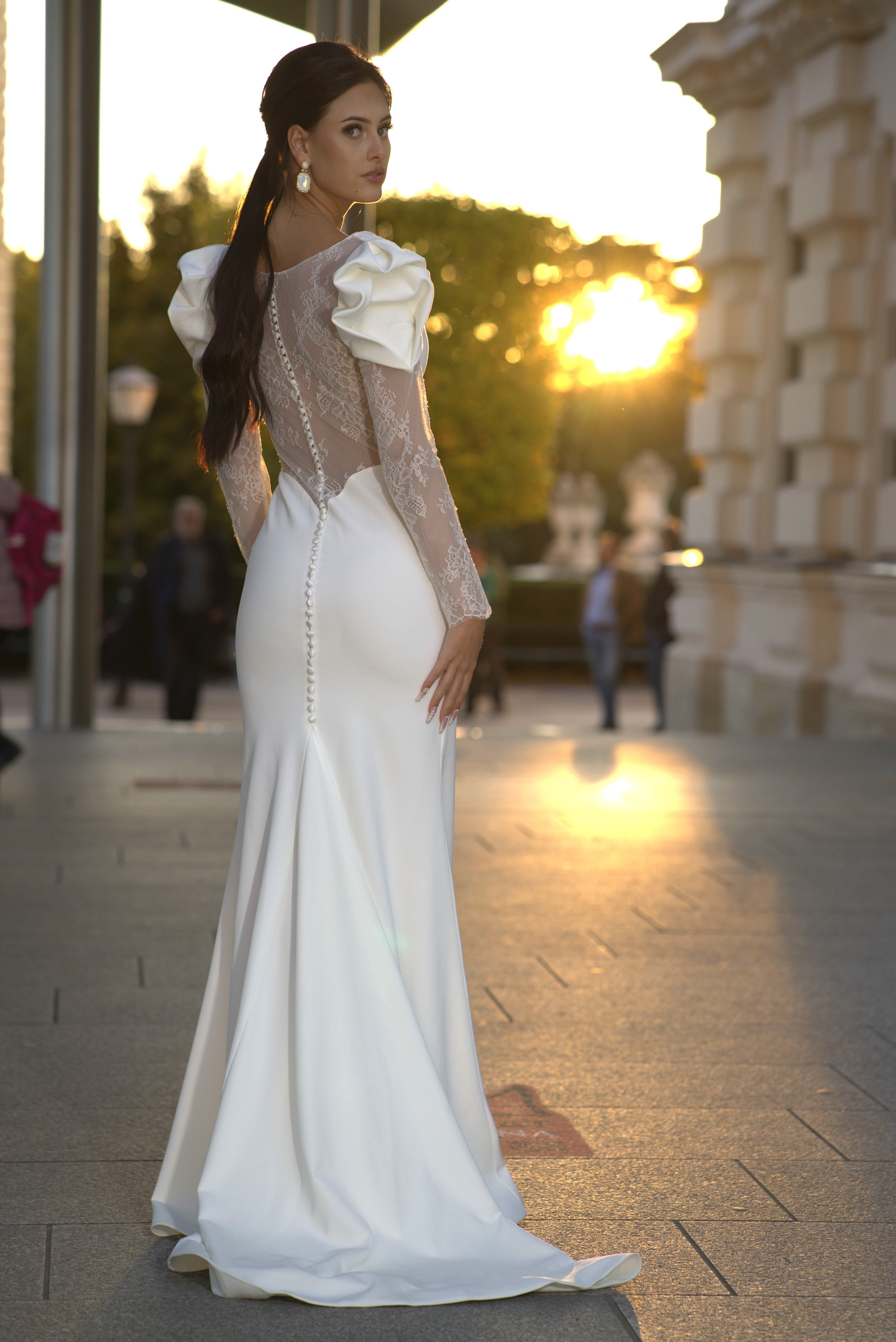 Jahanna - Crepe Long Sleeve Sheath Wedding Dress - Maxima Bridal