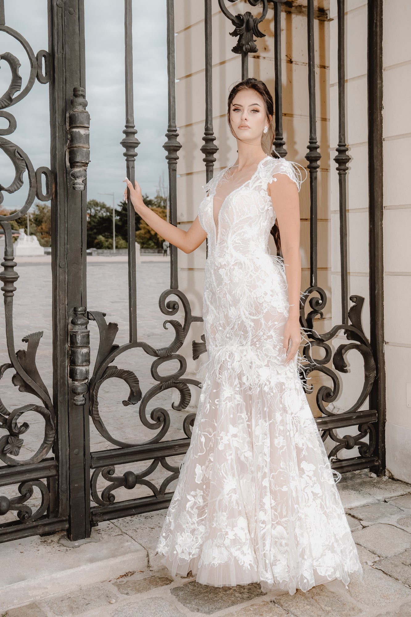 Charlotte - Mermaid Lace Wedding Dress with Short Sleeves Off White / Ivory / 8 Charlotte - Mermaid Lace Wedding Dress with Short Sleeves Off White / Ivory / 8