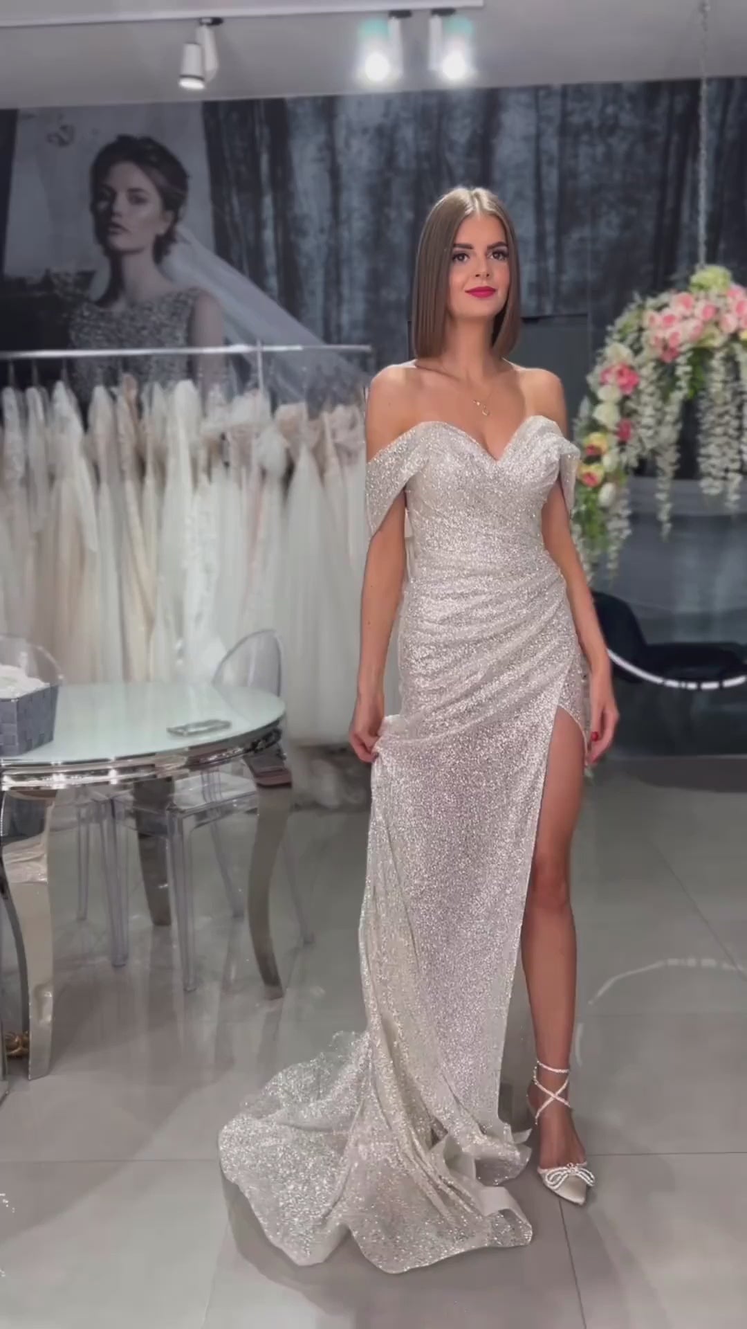 Polly - Sparkling Sheath Wedding Dress with Off the Shoulder Sleeves