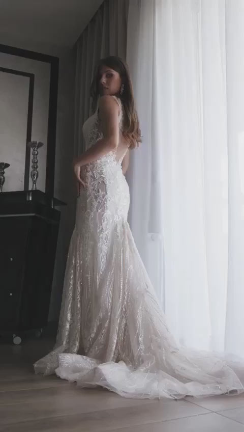 Claudia - Lace Mermaid Wedding Dress with Illusion Back