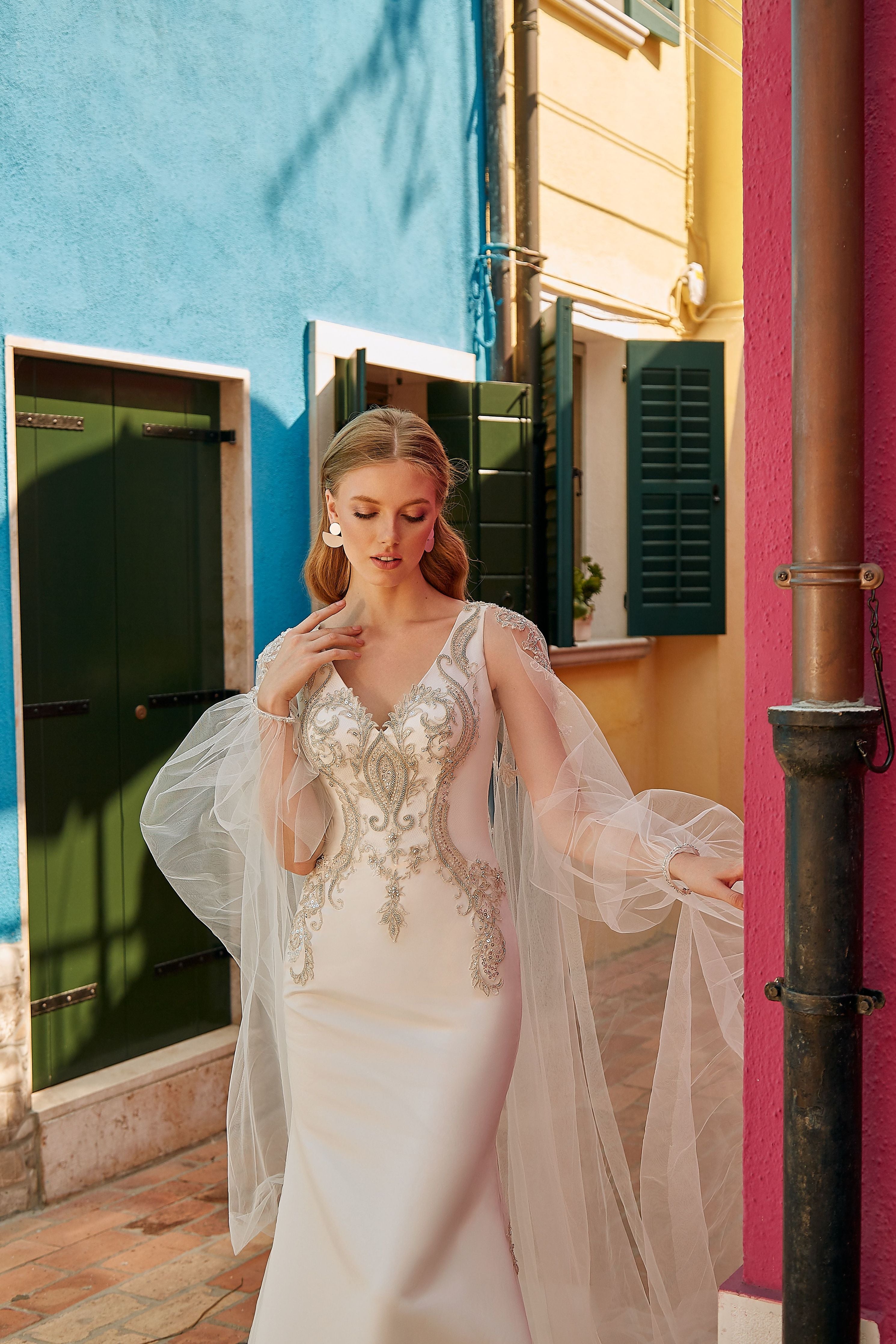 Irene - Crepe Sheath Wedding Dress with Tulle Cape - Maxima Bridal