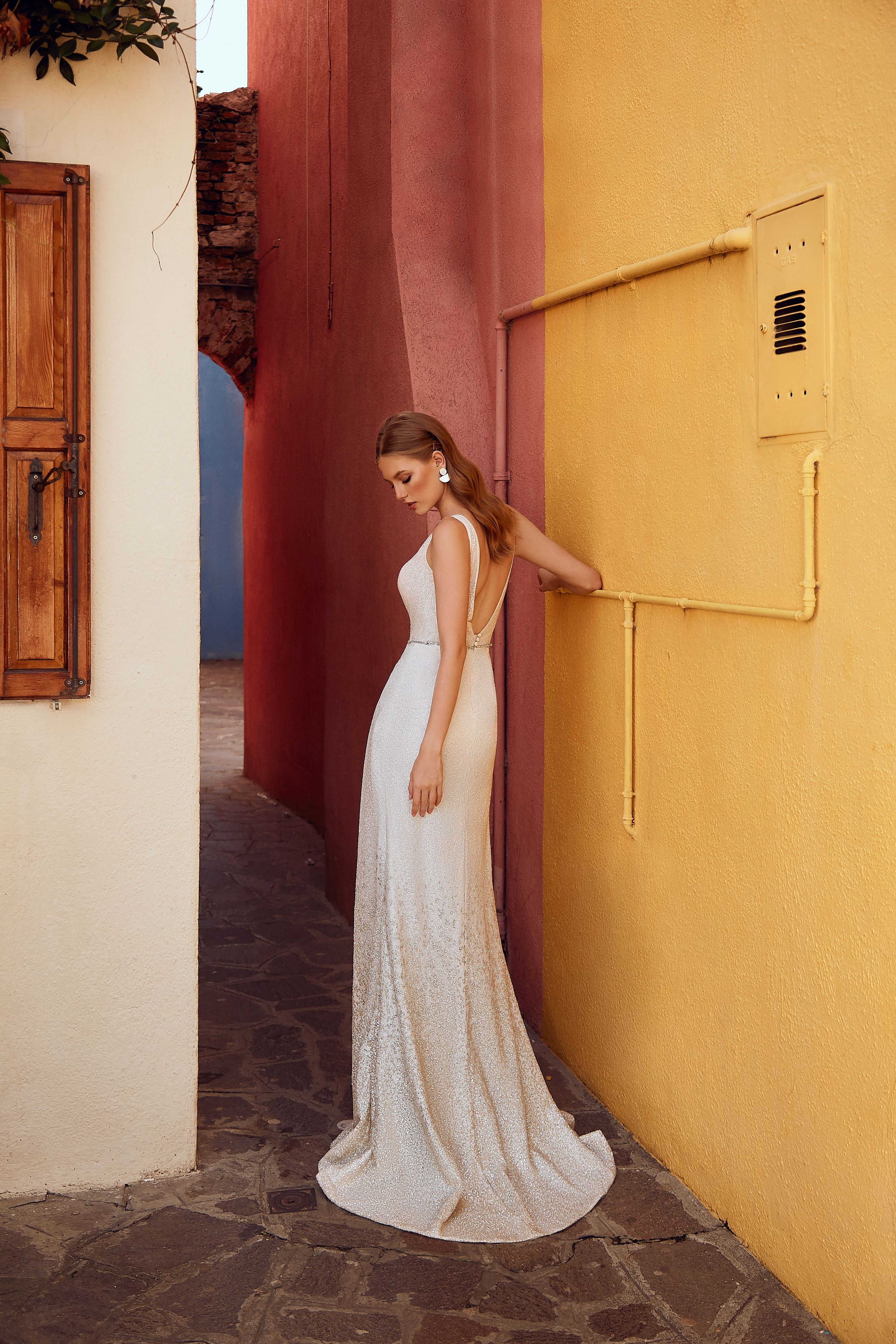 Margot - Dazzling Sheath Wedding Dress with Plunging V-Neck - Maxima Bridal