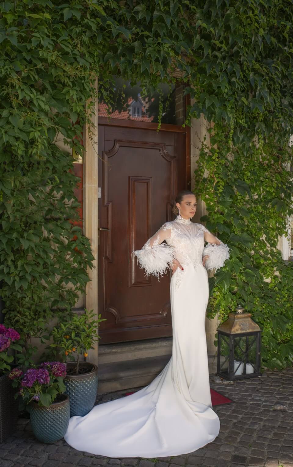 Marion - High Neck Feathered Sleeves Illusion Wedding Dress - Maxima Bridal