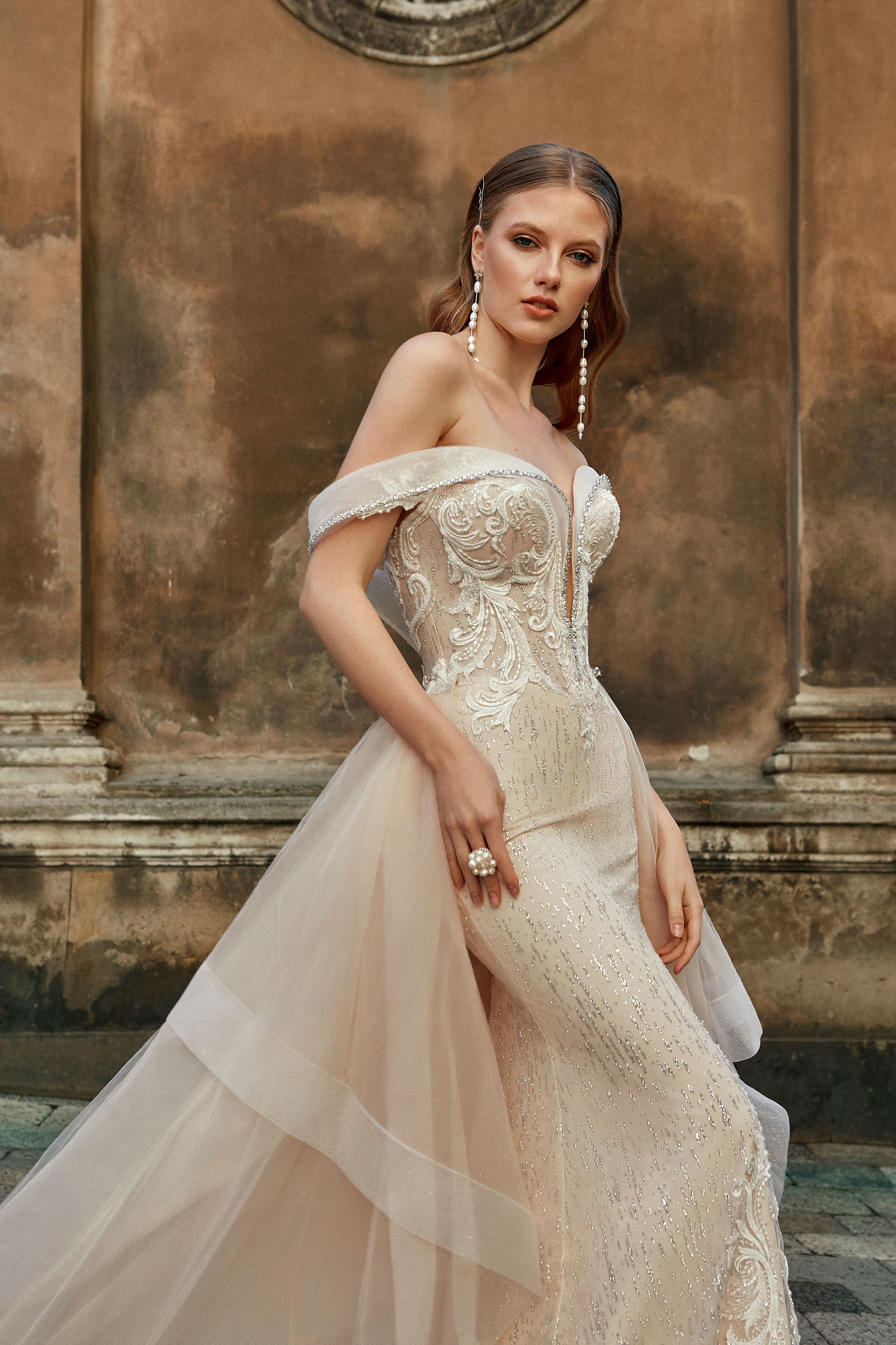 Brigitte - Off the Shoulder Sheath Wedding Dress with Detachable Train - Maxima Bridal