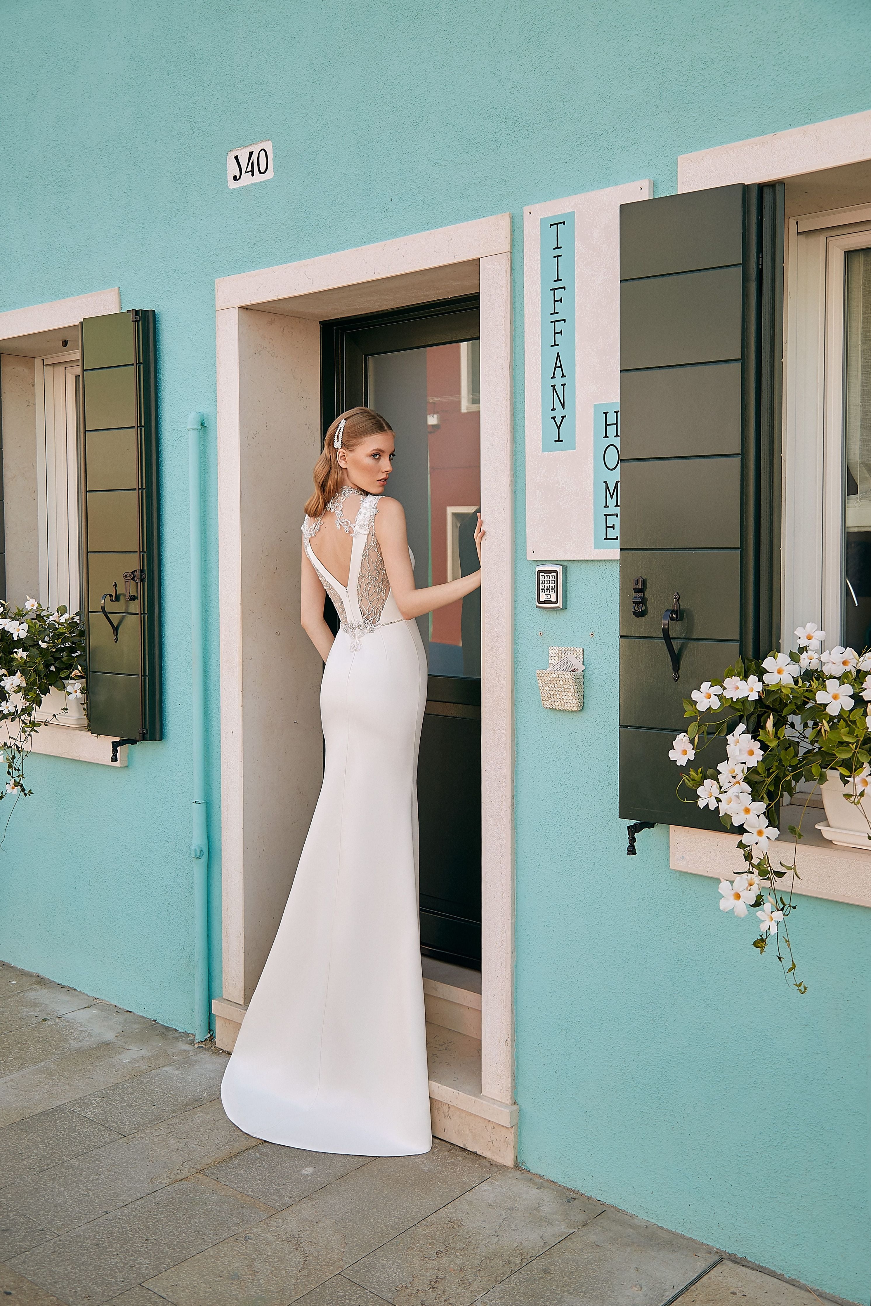 Veronica - High-Neck Keyhole Back Crepe Wedding Dress - Maxima Bridal