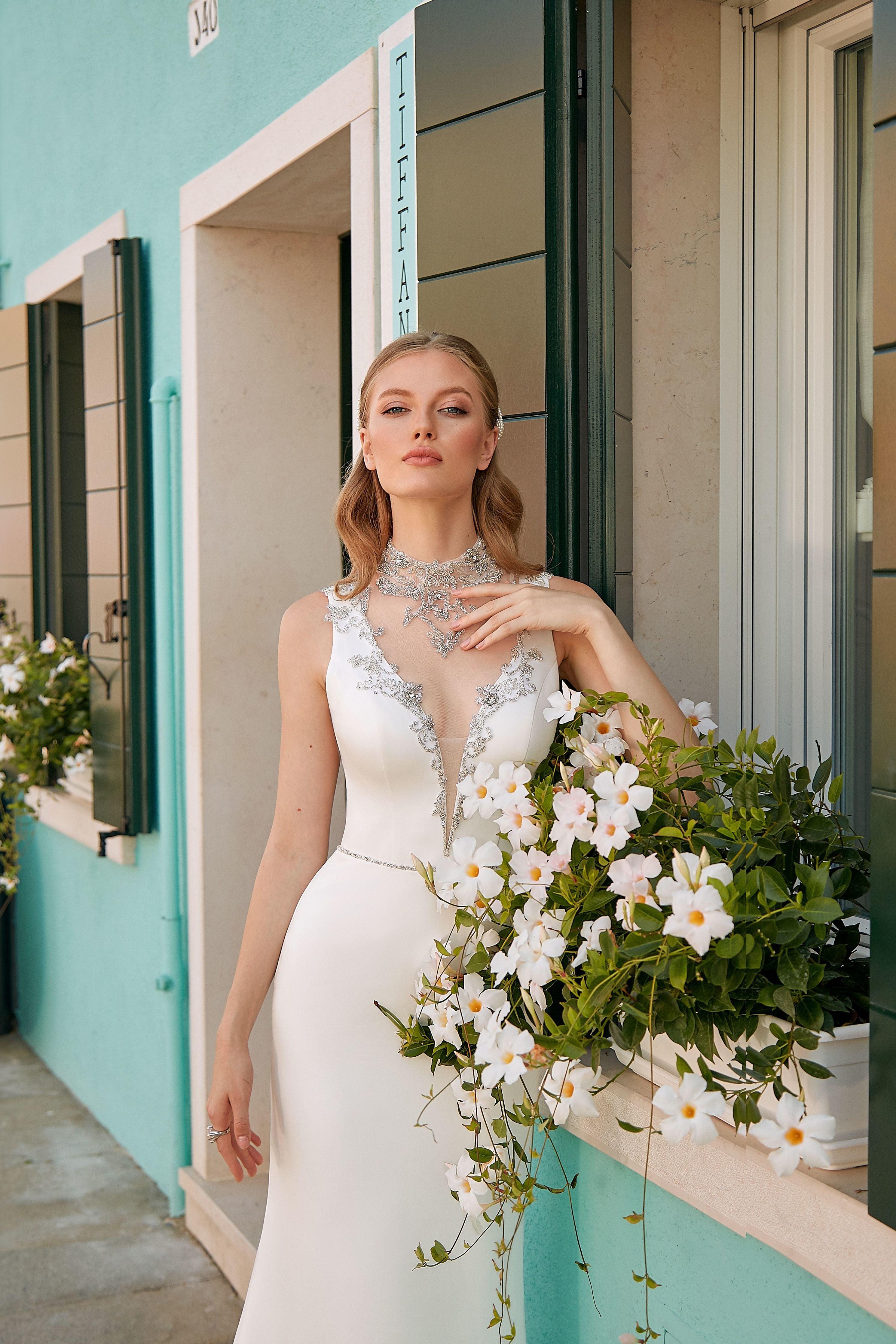 Veronica - High-Neck Keyhole Back Crepe Wedding Dress - Maxima Bridal