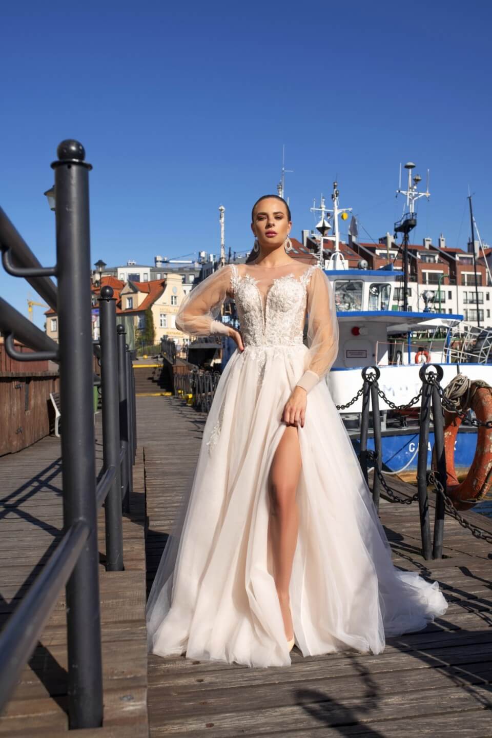 Eloise - Long Sheer Sleeves Wedding Dress with Keyhole Back - Maxima Bridal