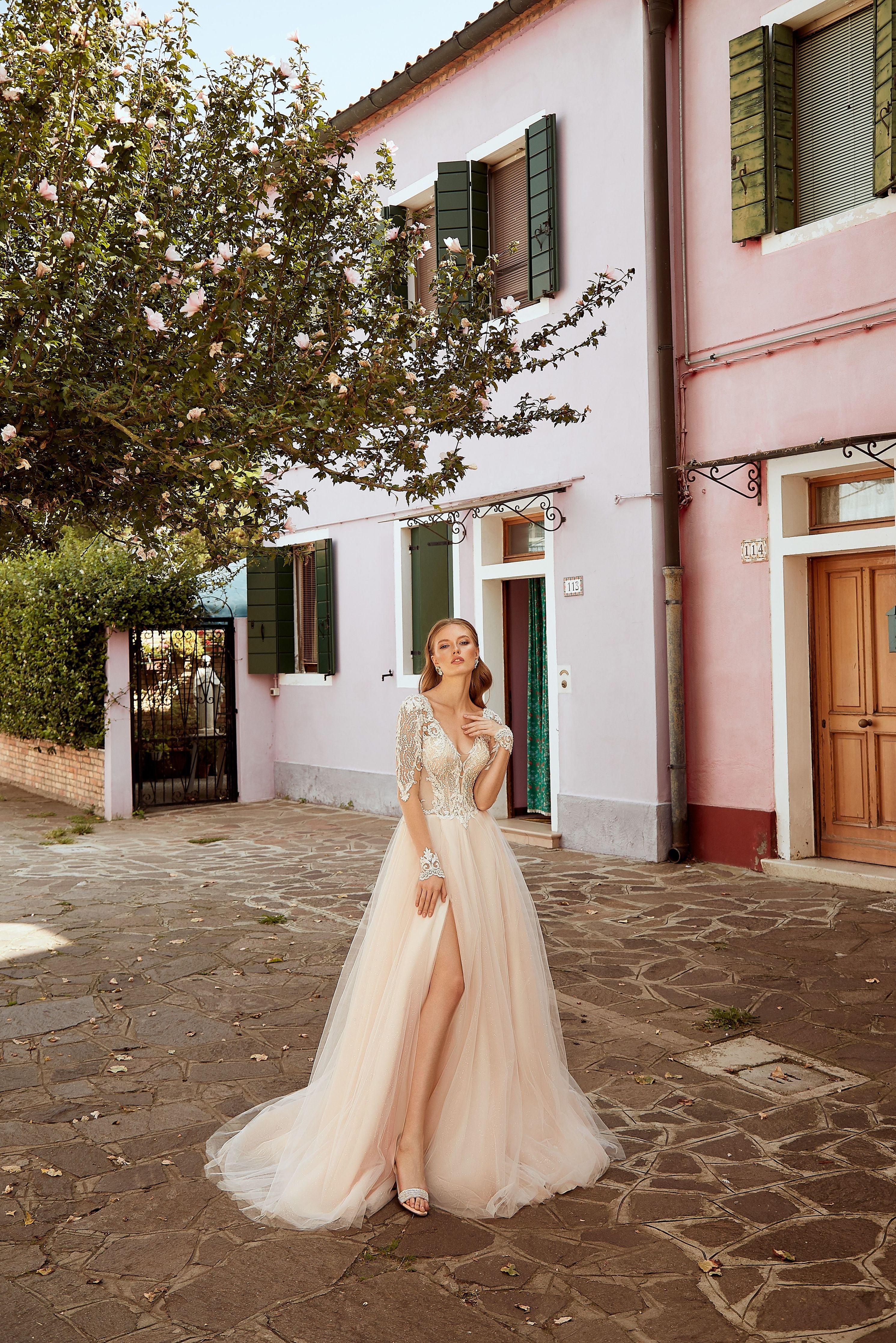 Francesca - Long Sleeve A-Line Wedding Dress with Side Slit - Maxima Bridal