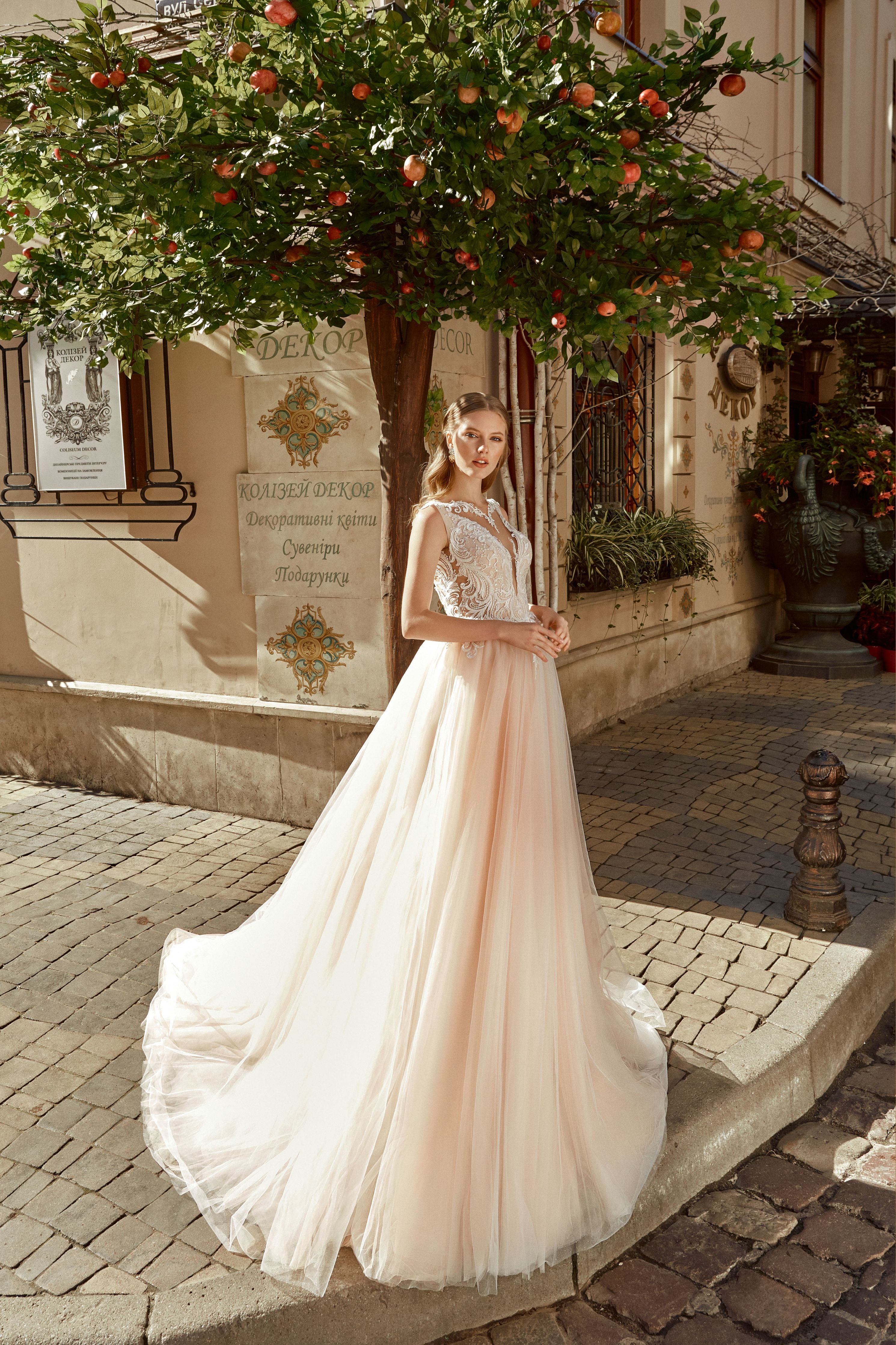 Anabel - Illusion Neckline A-Line Wedding Dress with Tulle Skirt - Maxima Bridal