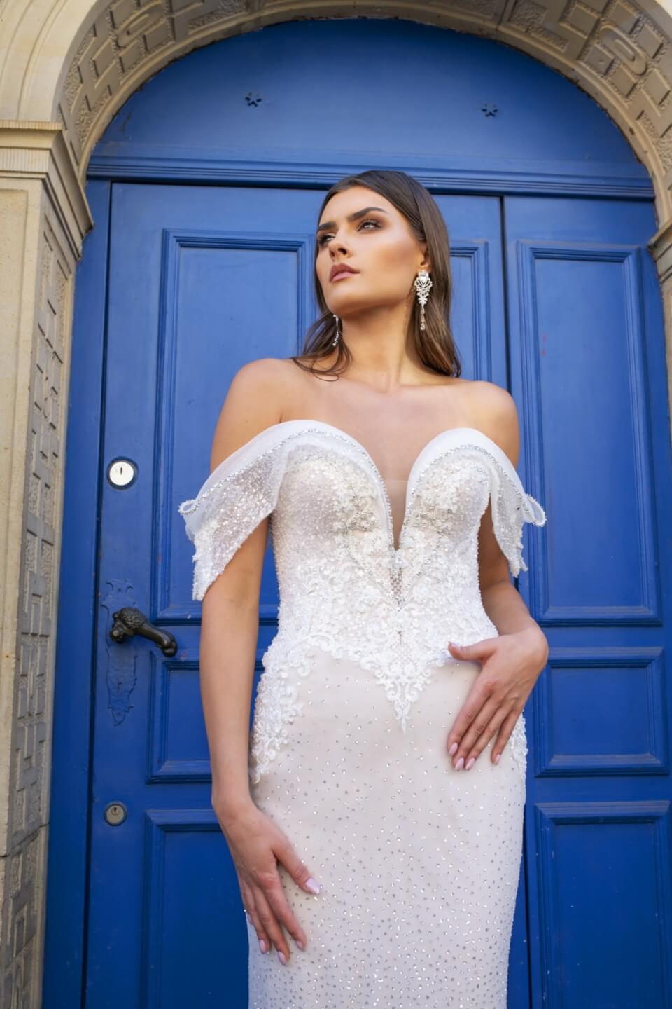 Elise - Off the Shoulder Sheath Wedding Dress - Maxima Bridal