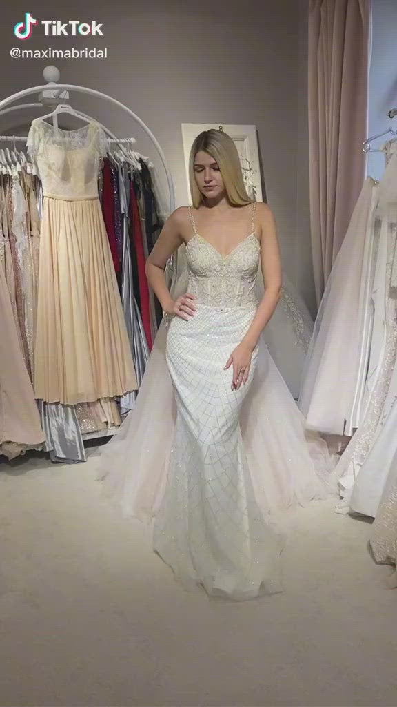 Laurence - Textured Sheath Wedding Dress with Detachable Sleeves