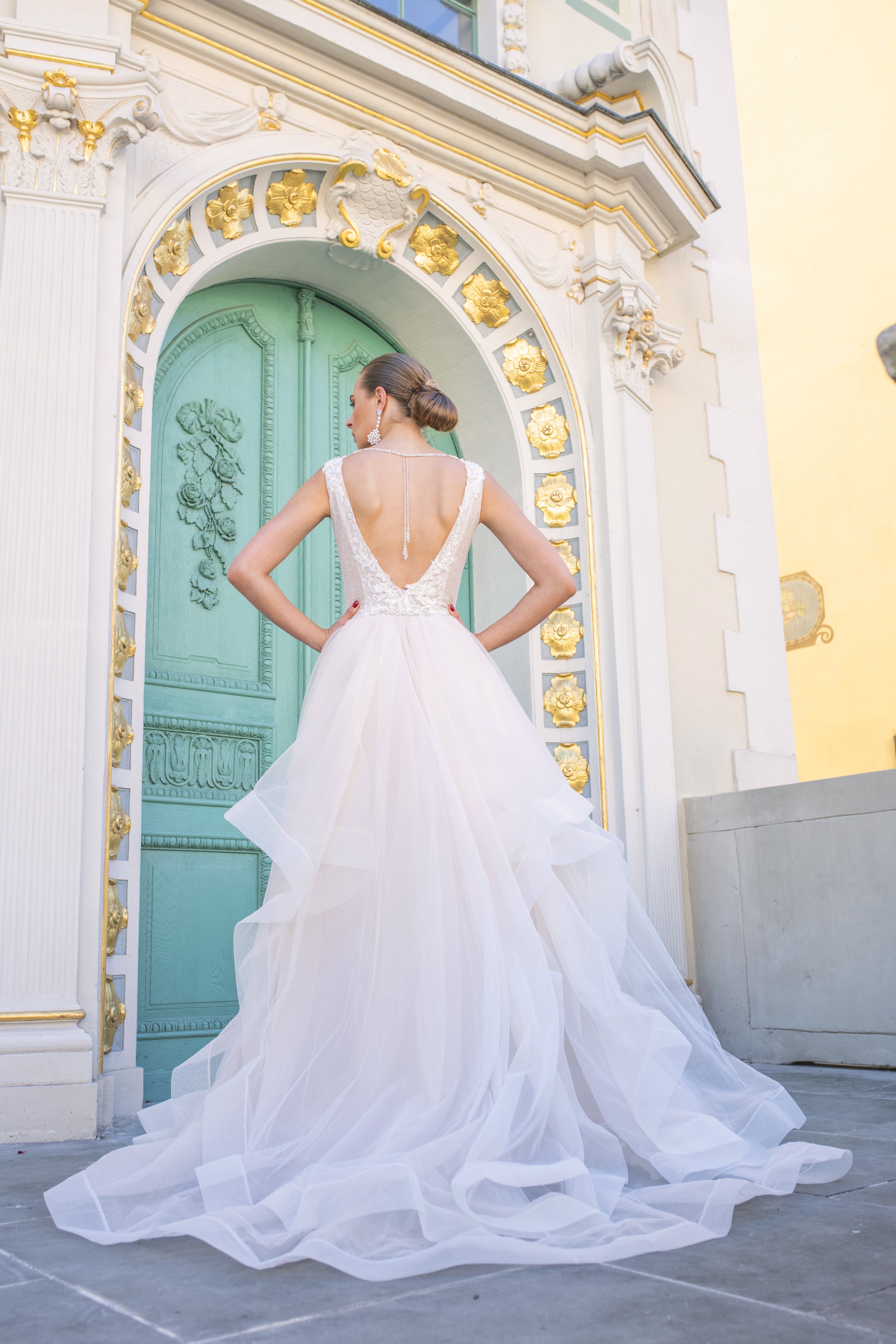 Clara - Plunging V-Neckline Wedding Dress with Detachable Train - Maxima Bridal