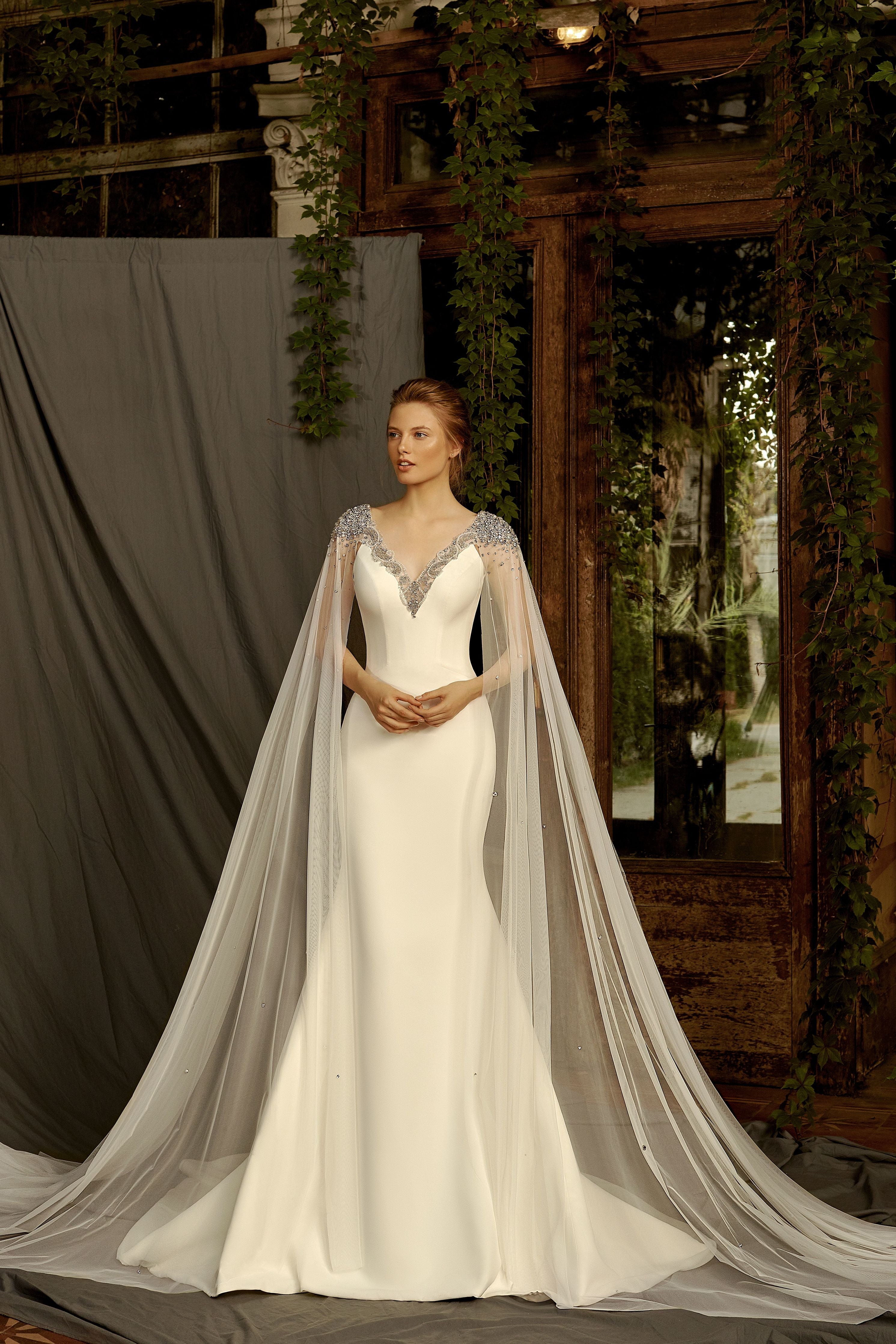 Frances - Cape Sleeves Mermaid Wedding Dress with V-Neck - Maxima Bridal