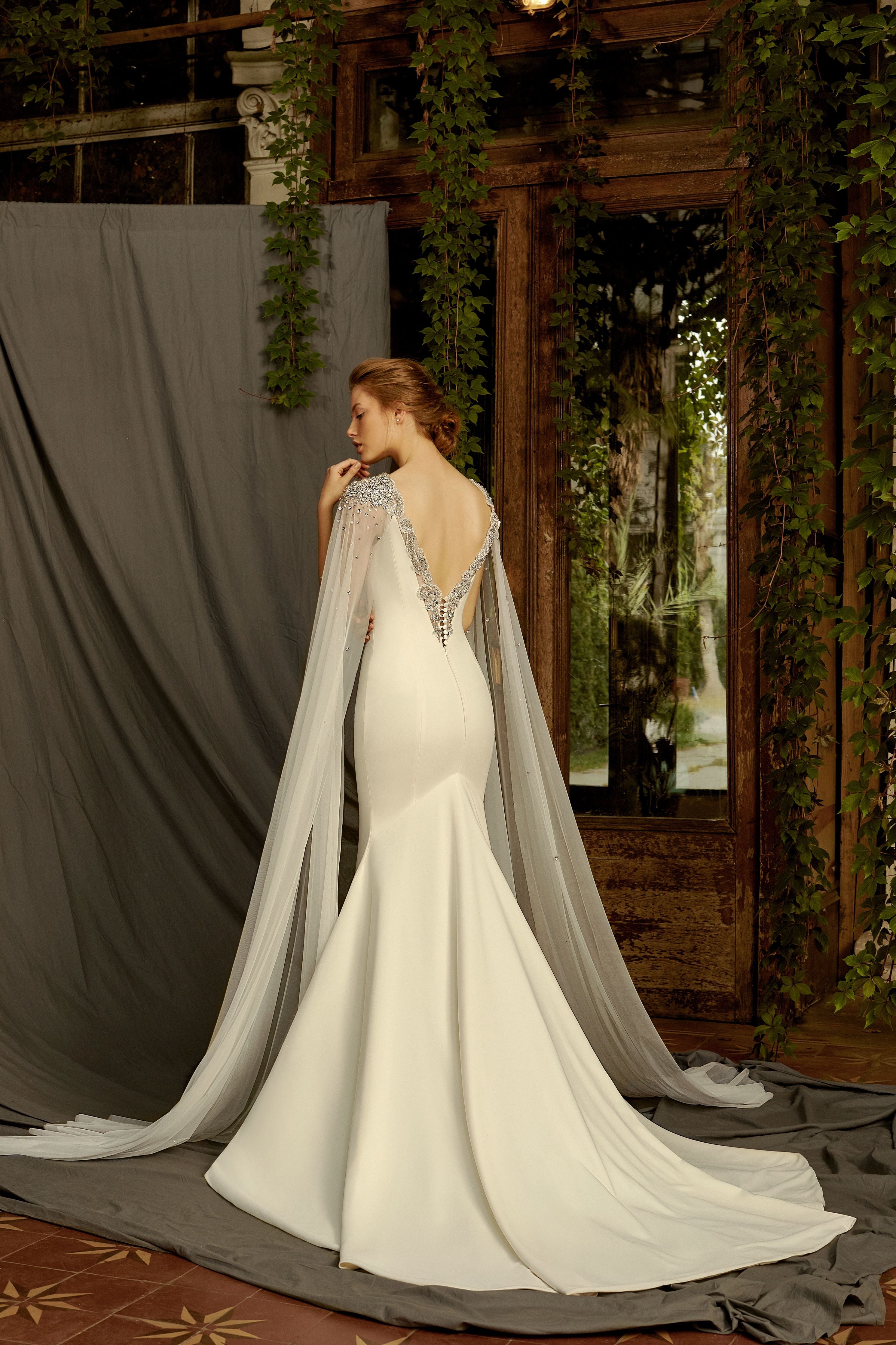 Frances - Cape Sleeves Mermaid Wedding Dress with V-Neck - Maxima Bridal