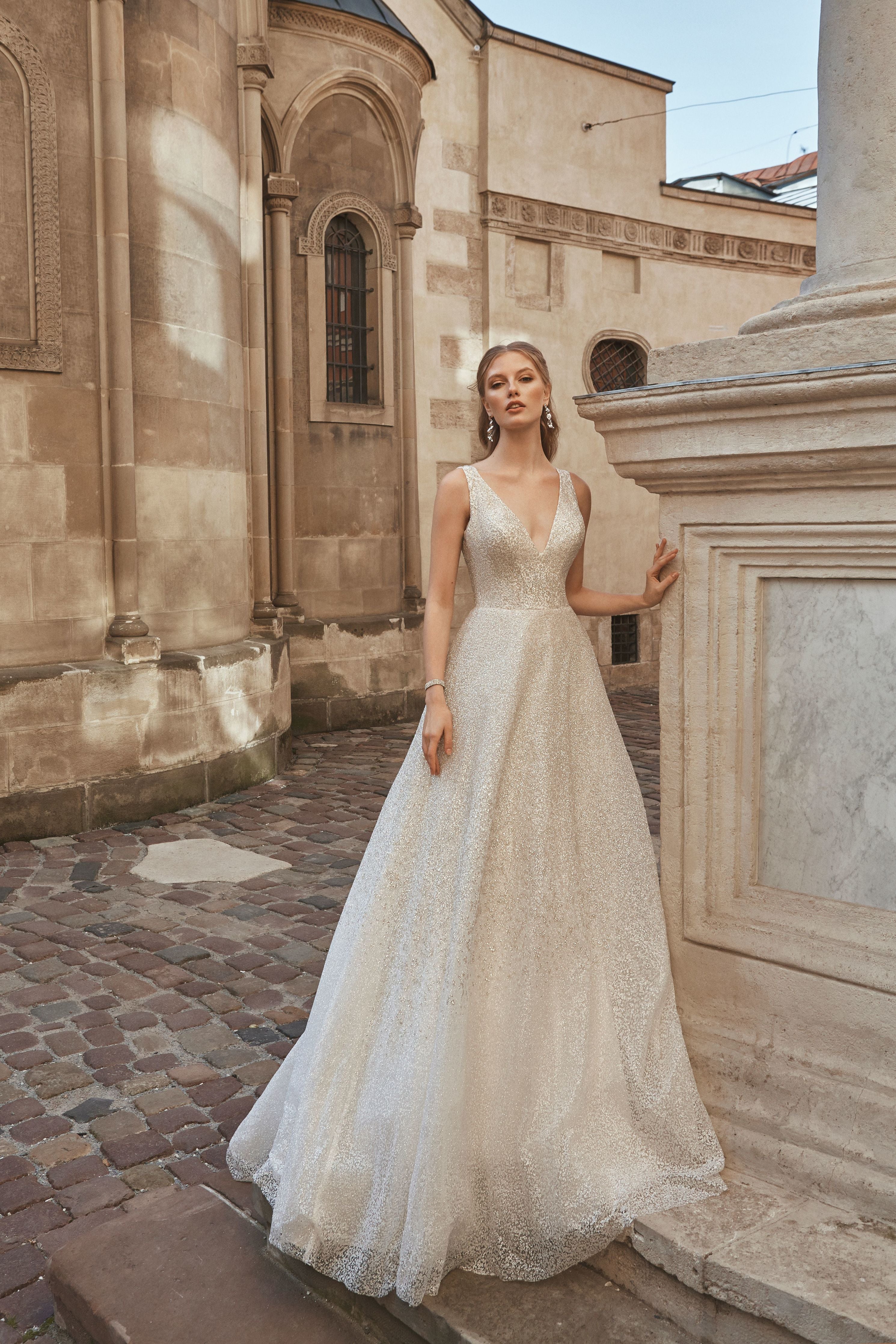 Roxanne - Sparkling A-Line Wedding Dress with V-Neck - Maxima Bridal