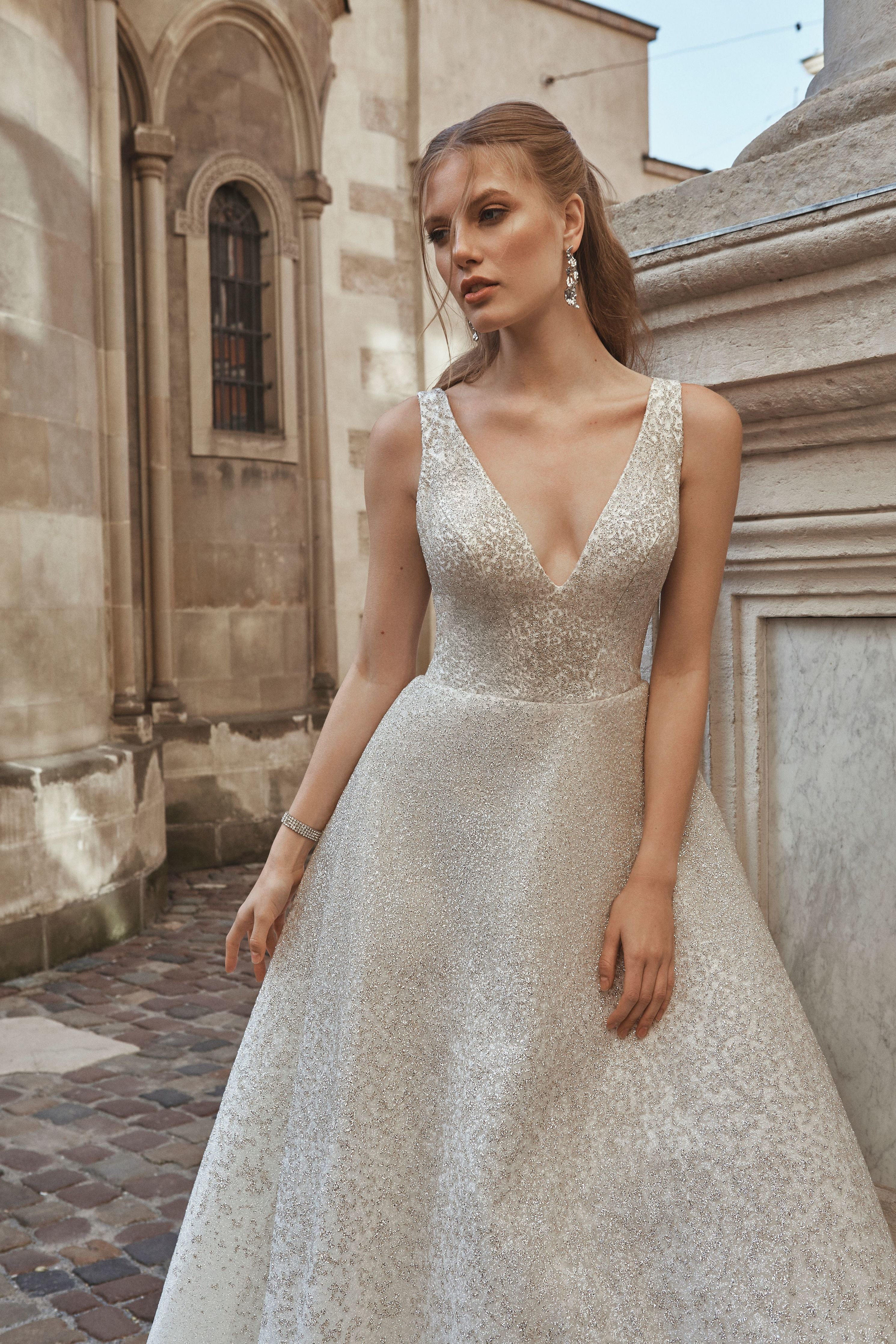 Roxanne - Sparkling A-Line Wedding Dress with V-Neck - Maxima Bridal