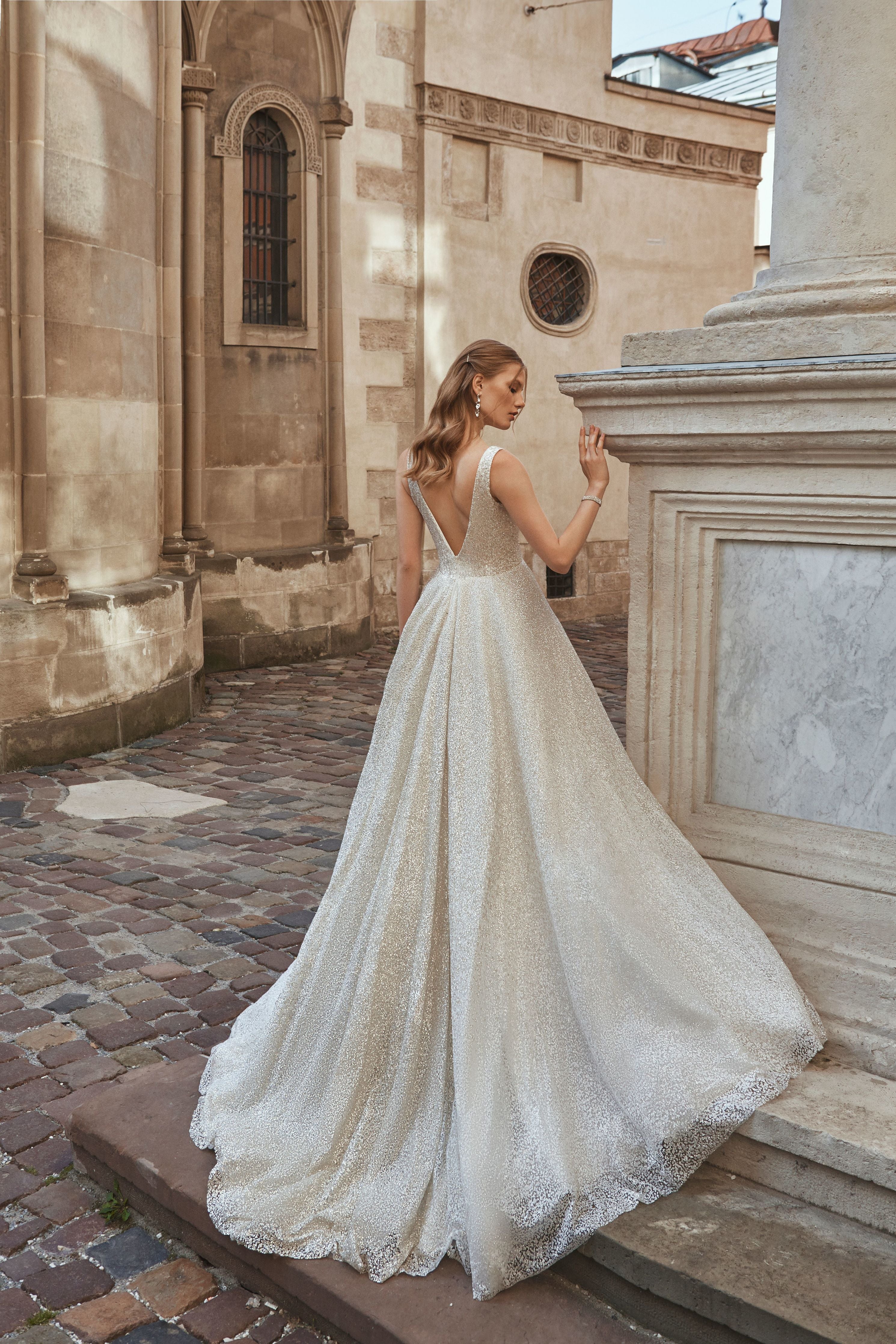Roxanne - Sparkling A-Line Wedding Dress with V-Neck - Maxima Bridal