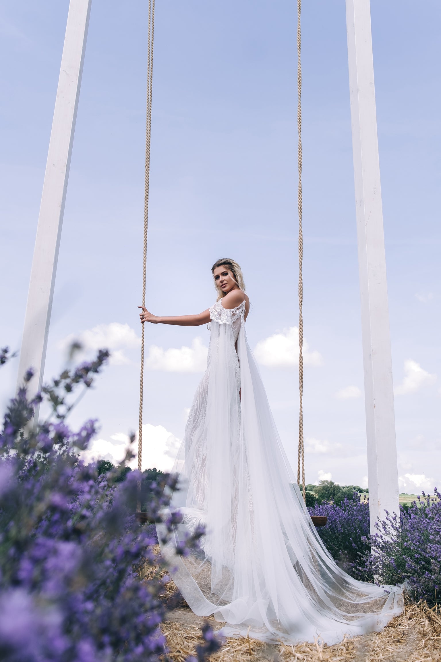 Lea - Sweetheart Neckline Off the Shoulder Trumpet Wedding Dress with Cape - Maxima Bridal