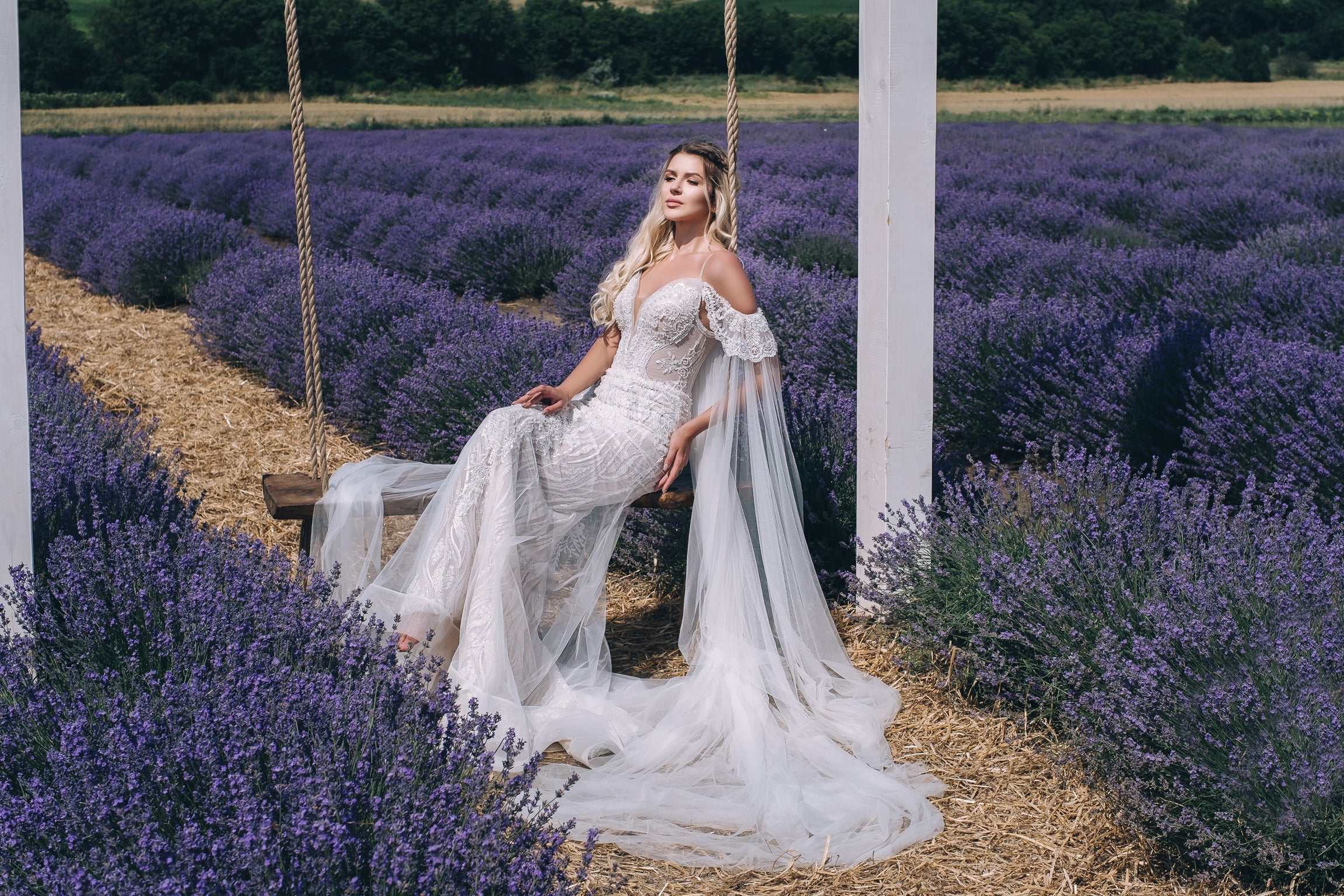 Lea - Sweetheart Neckline Off the Shoulder Trumpet Wedding Dress with Cape - Maxima Bridal