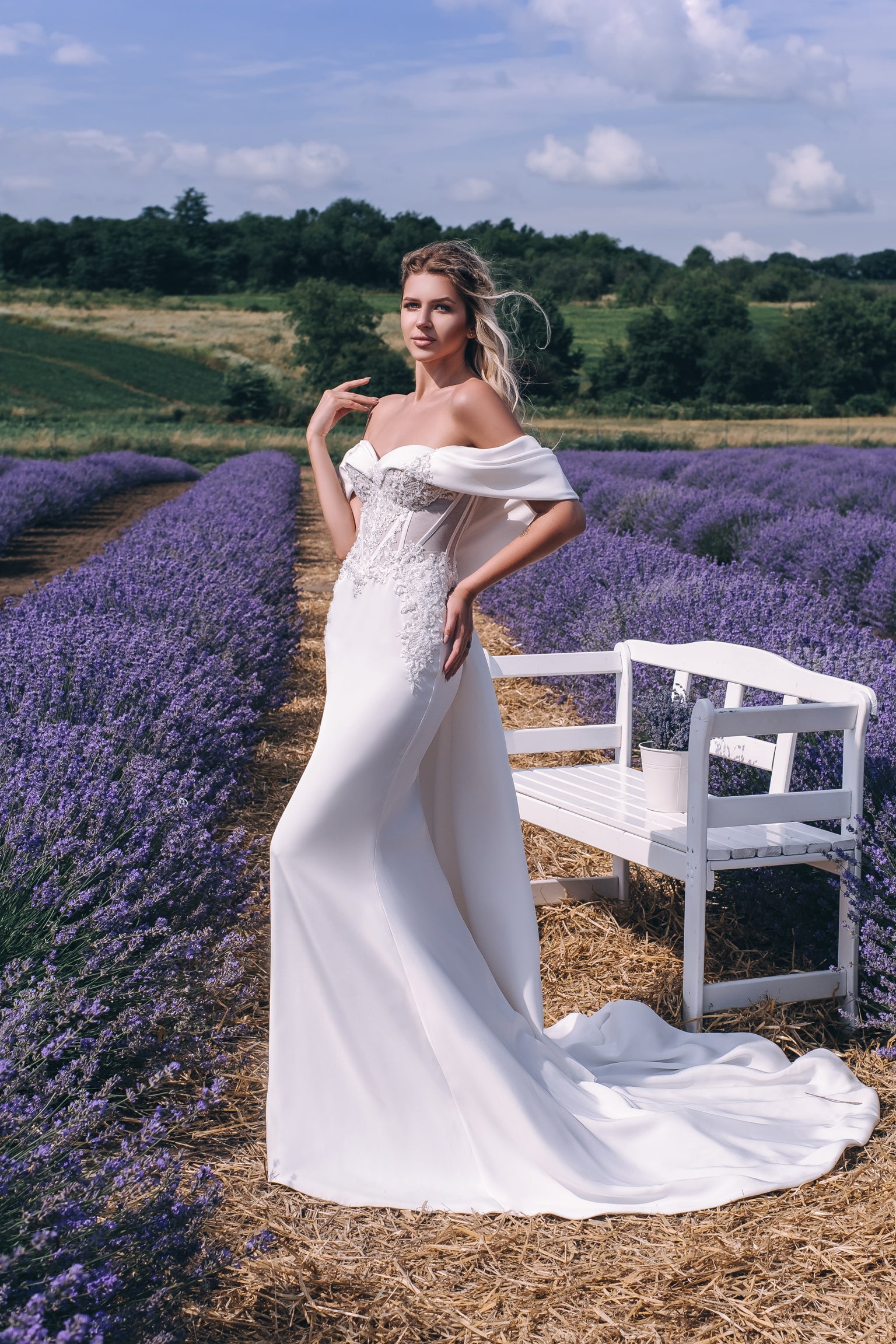 Genevieve - Off the Shoulder Sheath Wedding Dress - Maxima Bridal