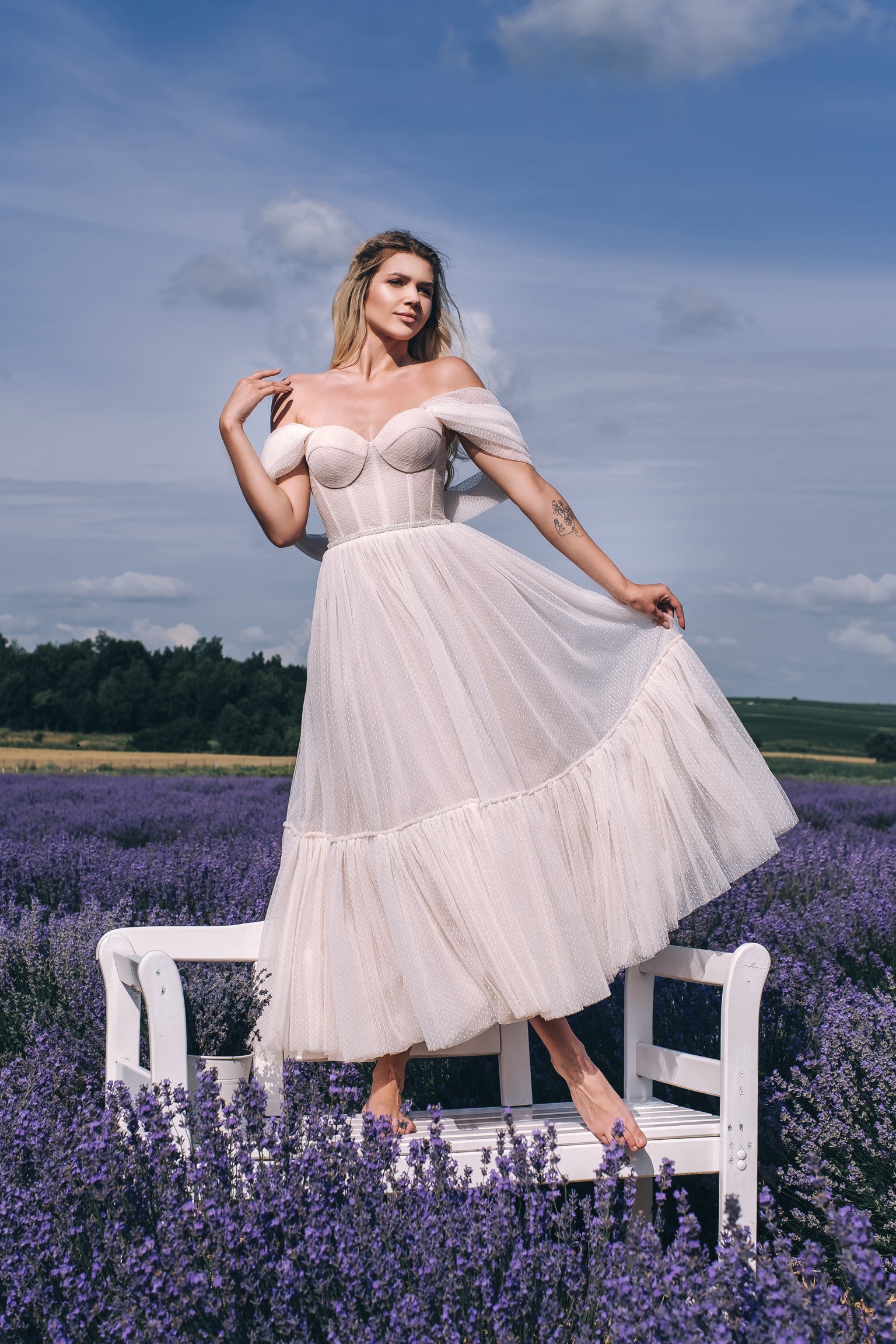 Astrid - Midi Wedding Dress with Off the Shoulder Sleeves - Maxima Bridal