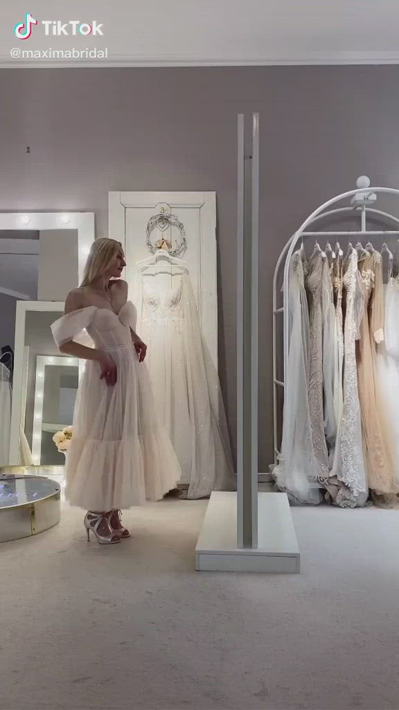 Astrid - Midi Wedding Dress with Off the Shoulder Sleeves