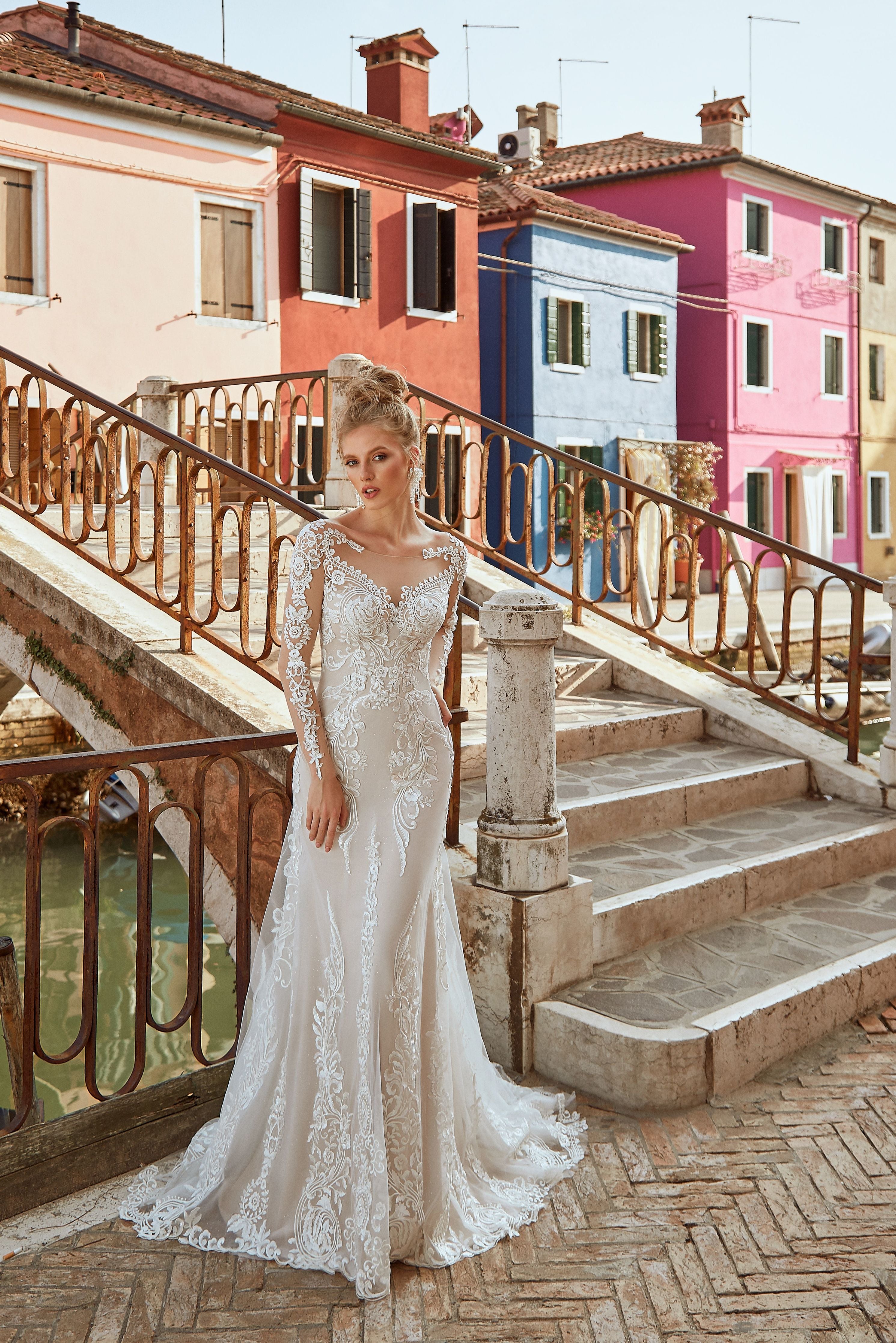 Christine - Floral Lace Long Sleeve Sheath Wedding Dress - Maxima Bridal