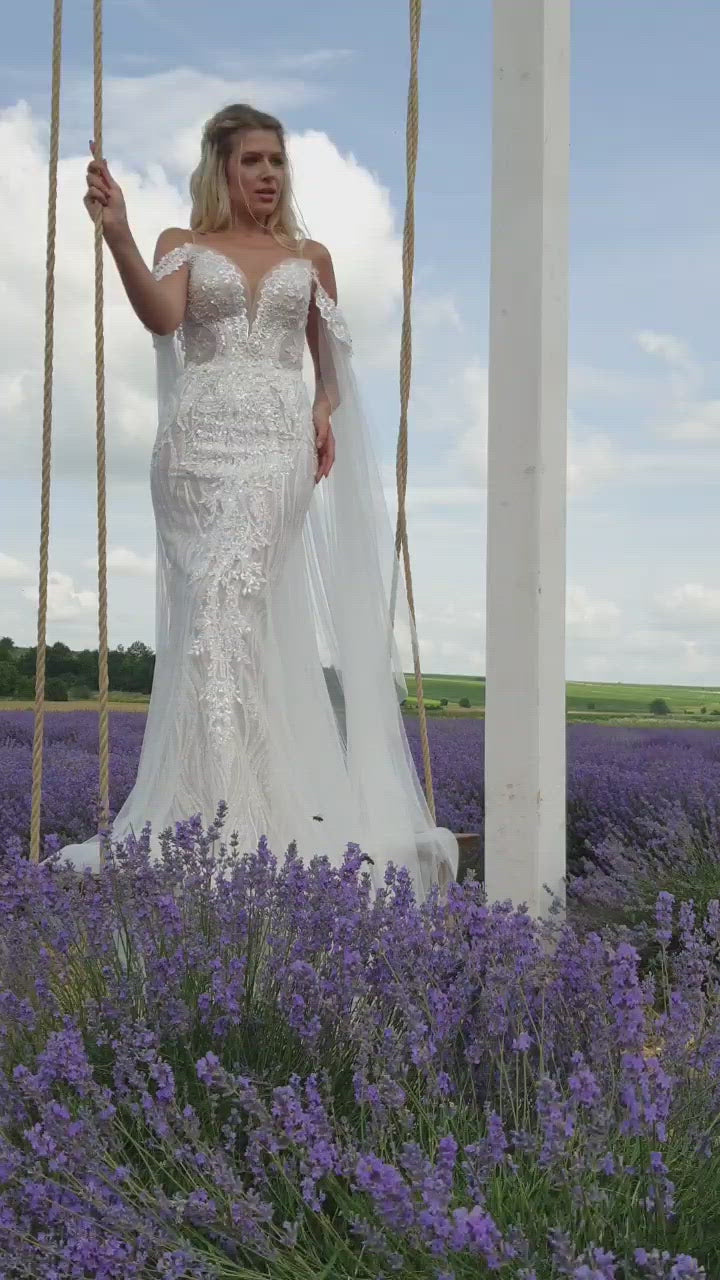 Lea - Sweetheart Neckline Off the Shoulder Trumpet Wedding Dress with Cape