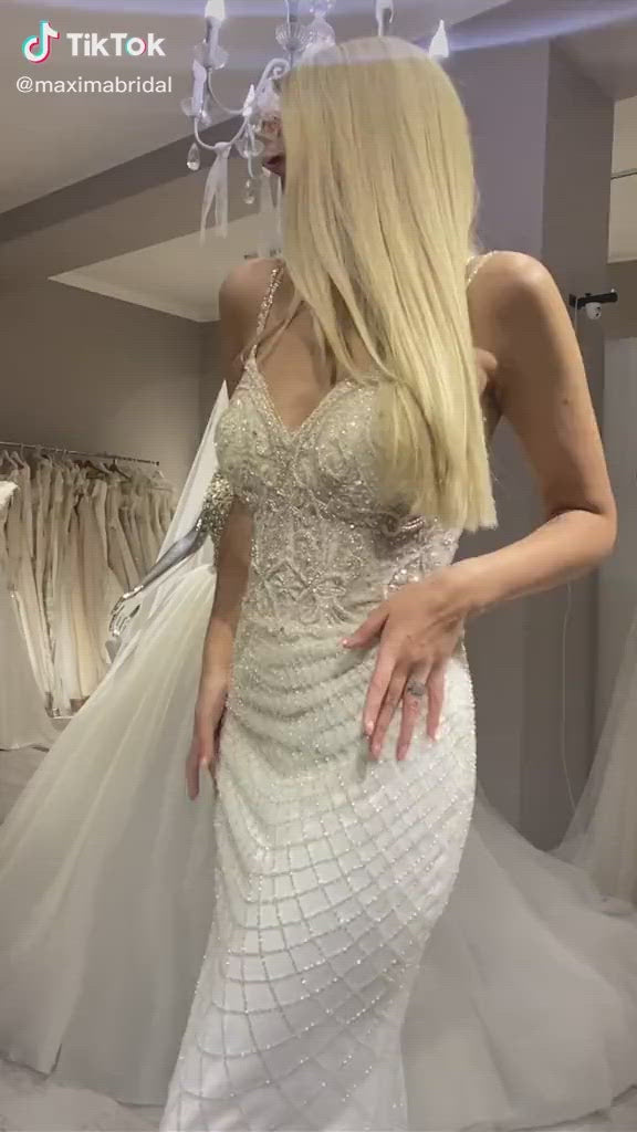 Laurence - Textured Sheath Wedding Dress with Detachable Sleeves