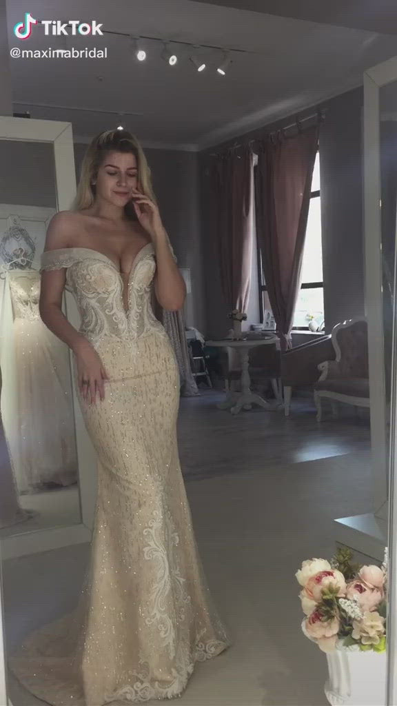 Brigitte - Off the Shoulder Sheath Wedding Dress with Detachable Train