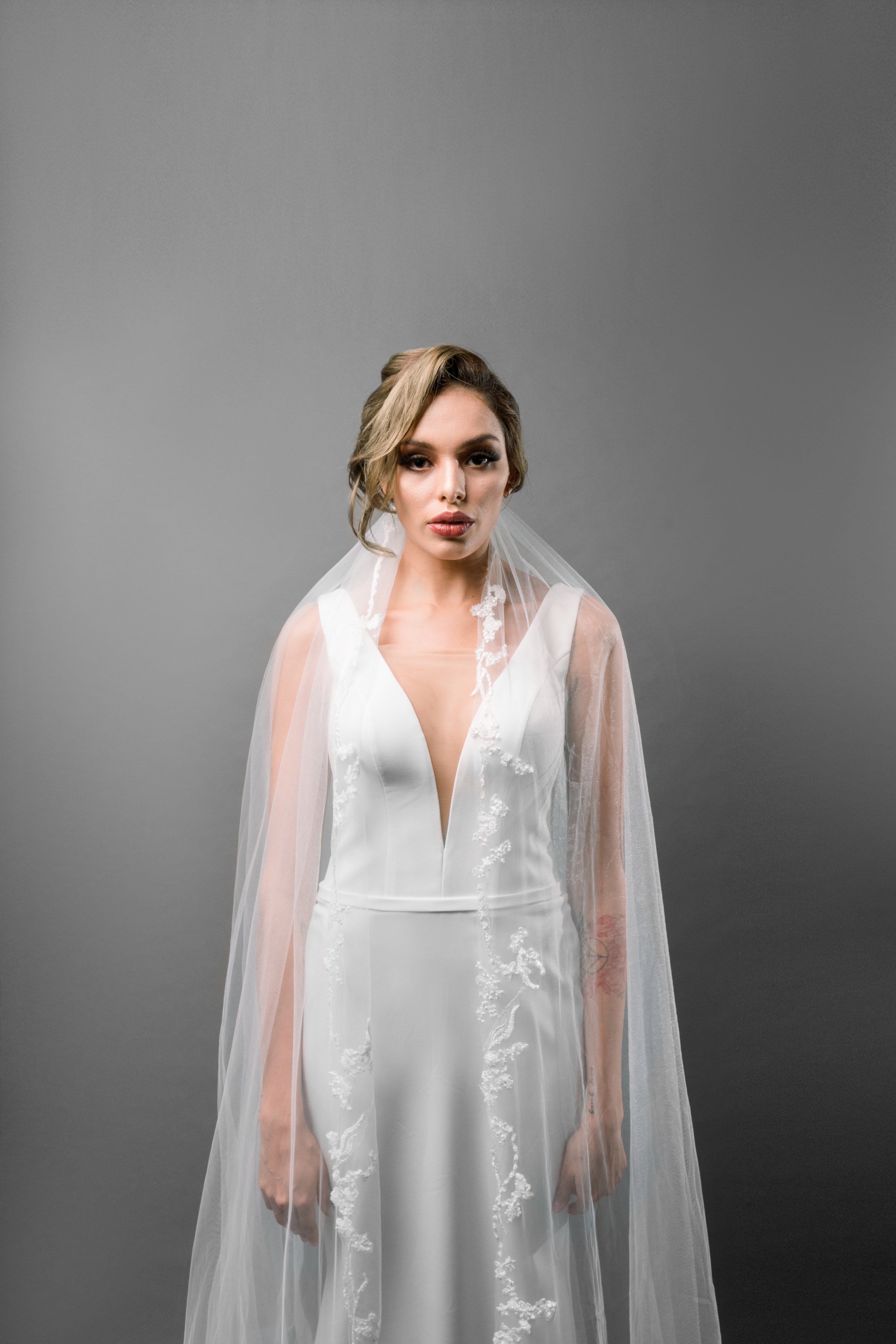 Beaded Cathedral Length Bridal Veil with Lace Applique - Maxima Bridal