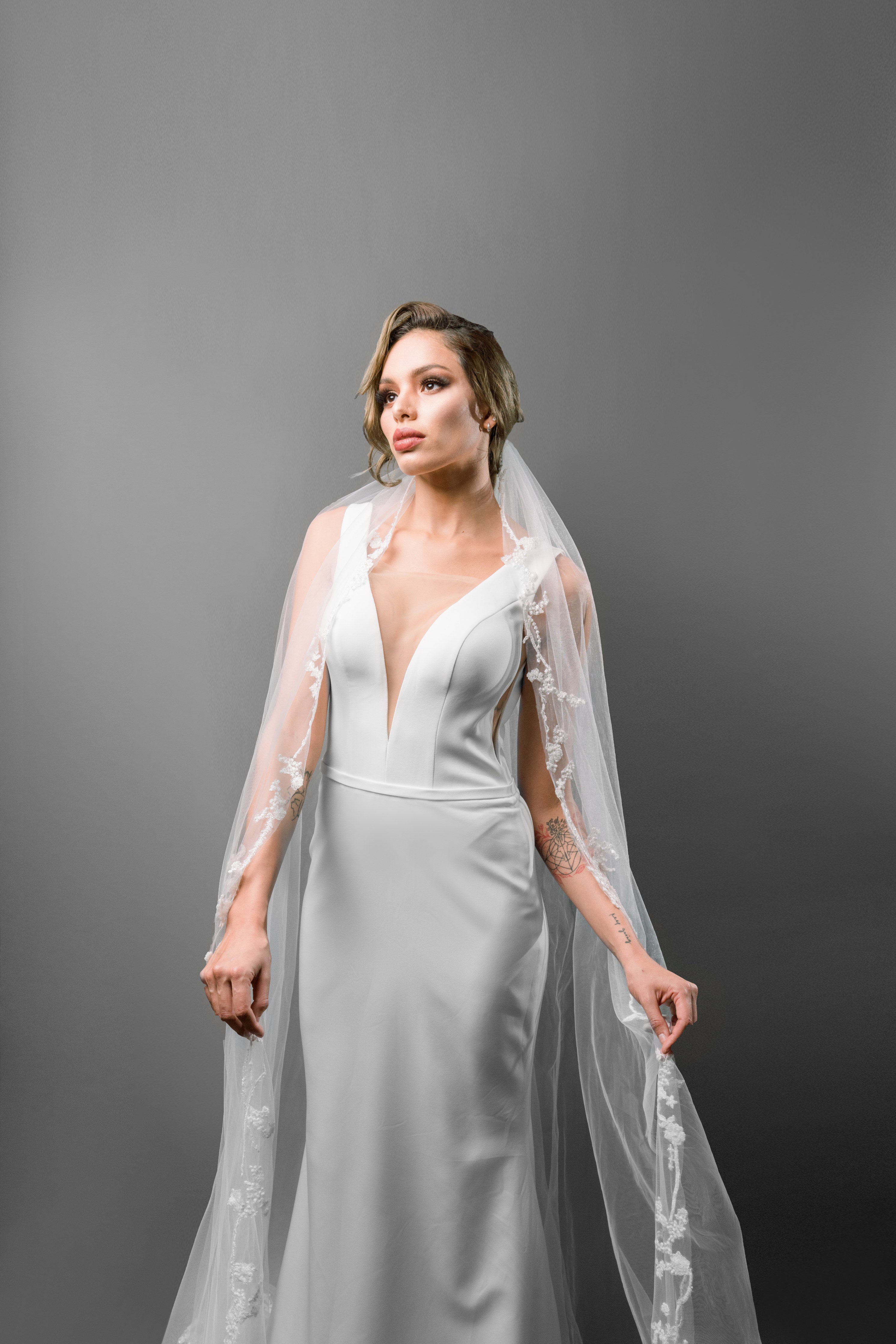 Beaded Cathedral Length Bridal Veil with Lace Applique - Maxima Bridal