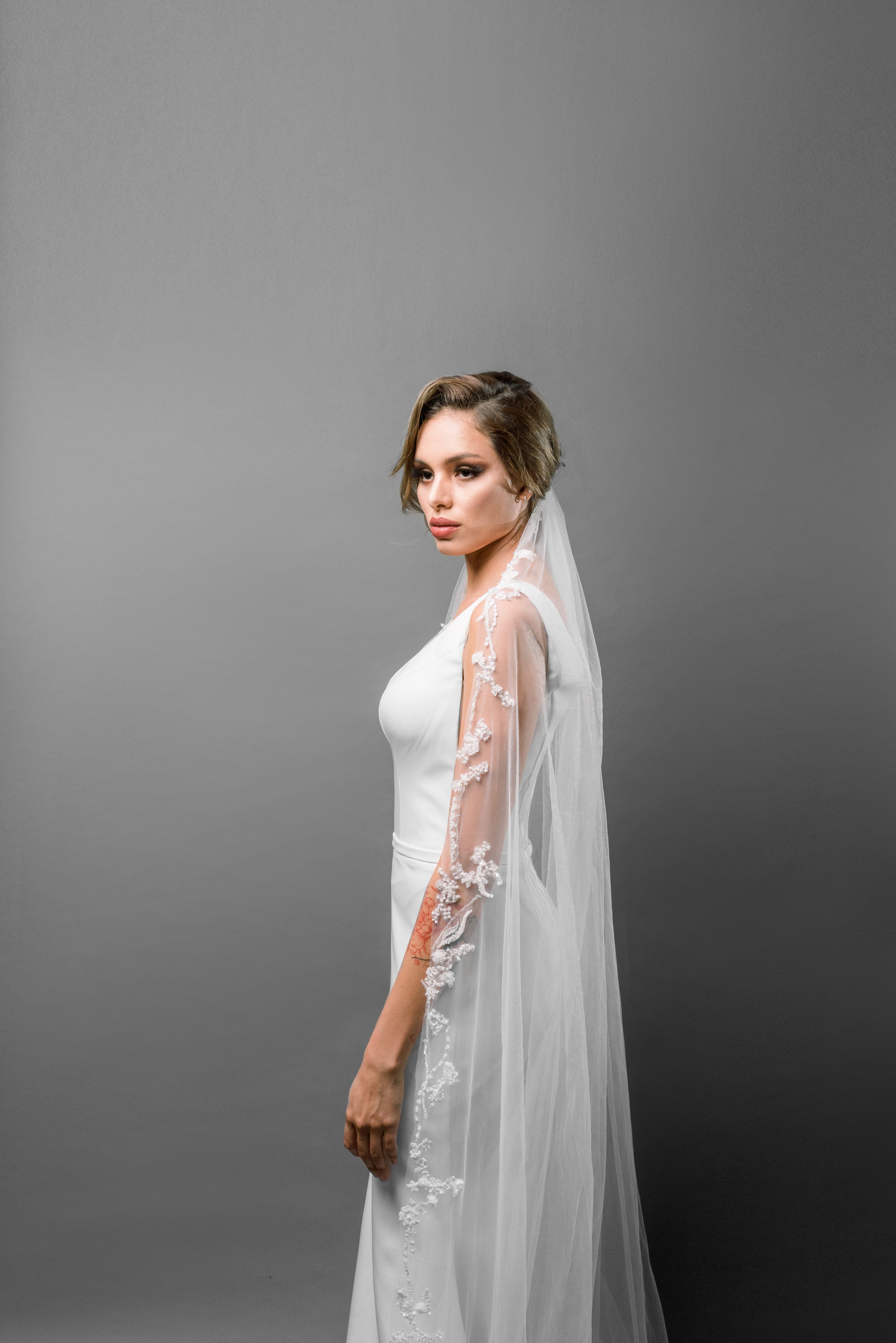 Beaded Cathedral Length Bridal Veil with Lace Applique - Maxima Bridal