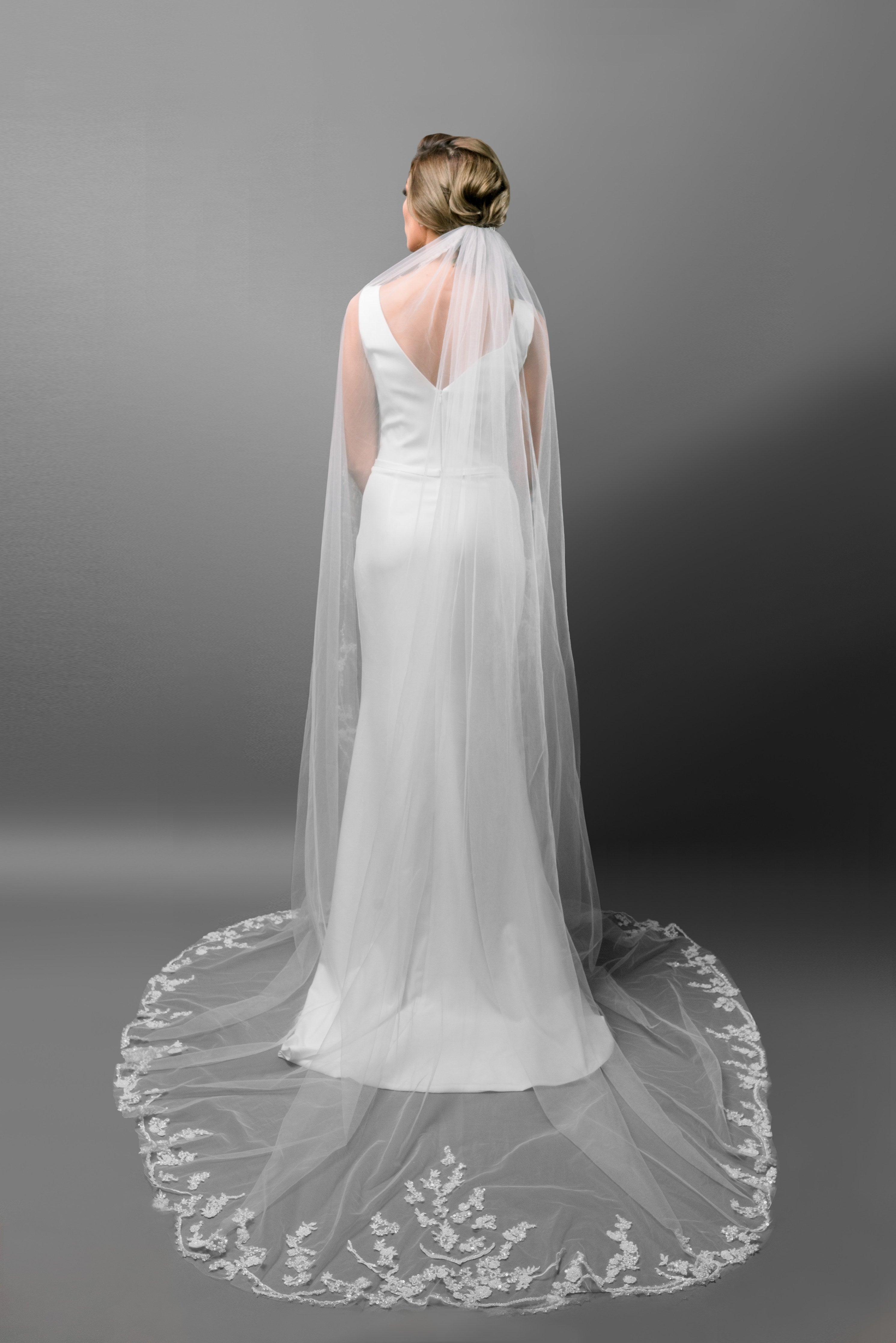 Beaded Cathedral Length Bridal Veil with Lace Applique - Maxima Bridal