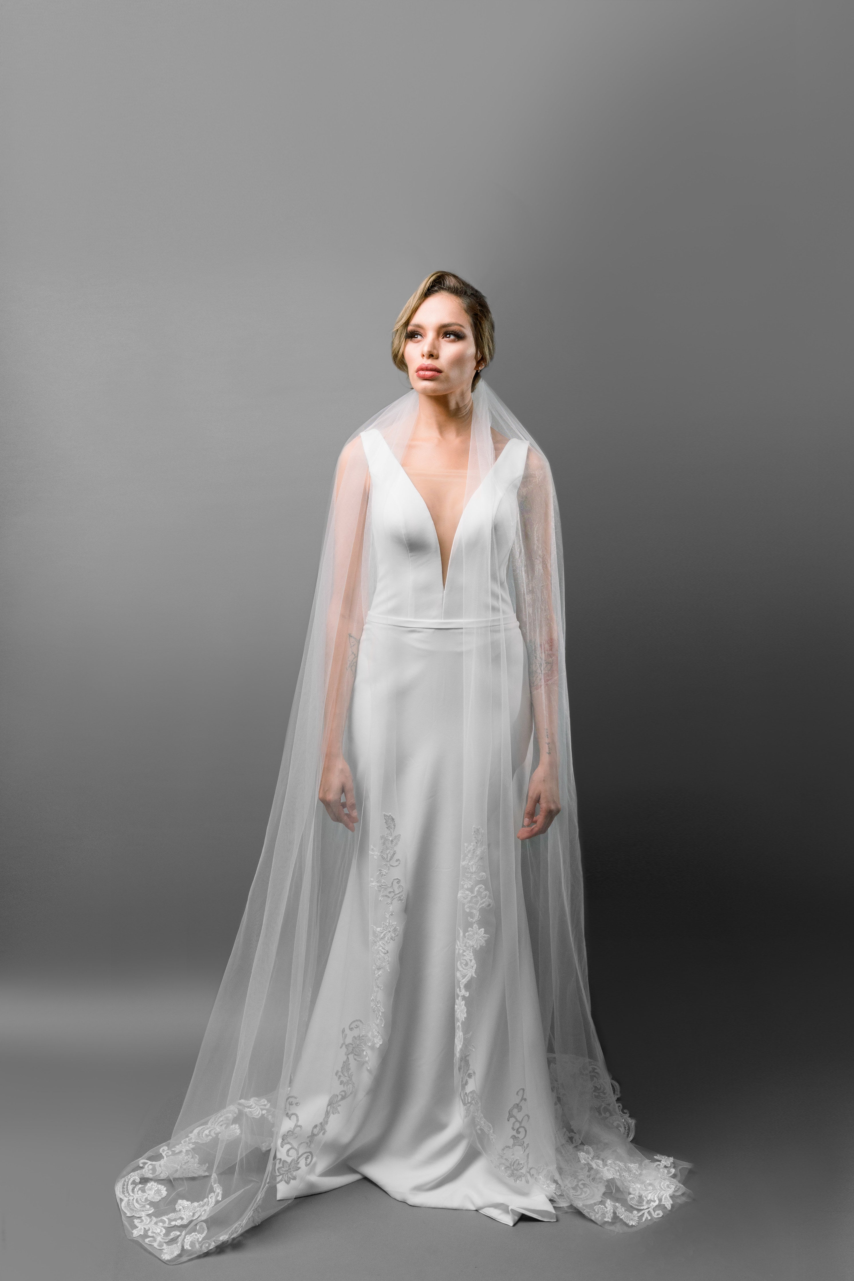 Cathedral Length Bridal Veil with Lace Applique and Sparkly Sequins - Maxima Bridal