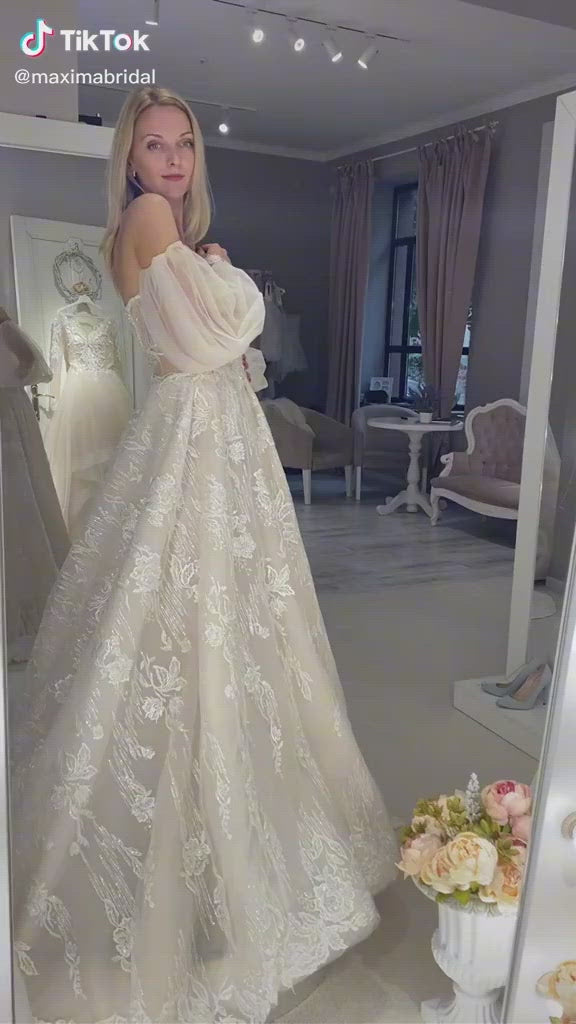 Michelle - Bohemian Nude Wedding Dress with Floral Applique