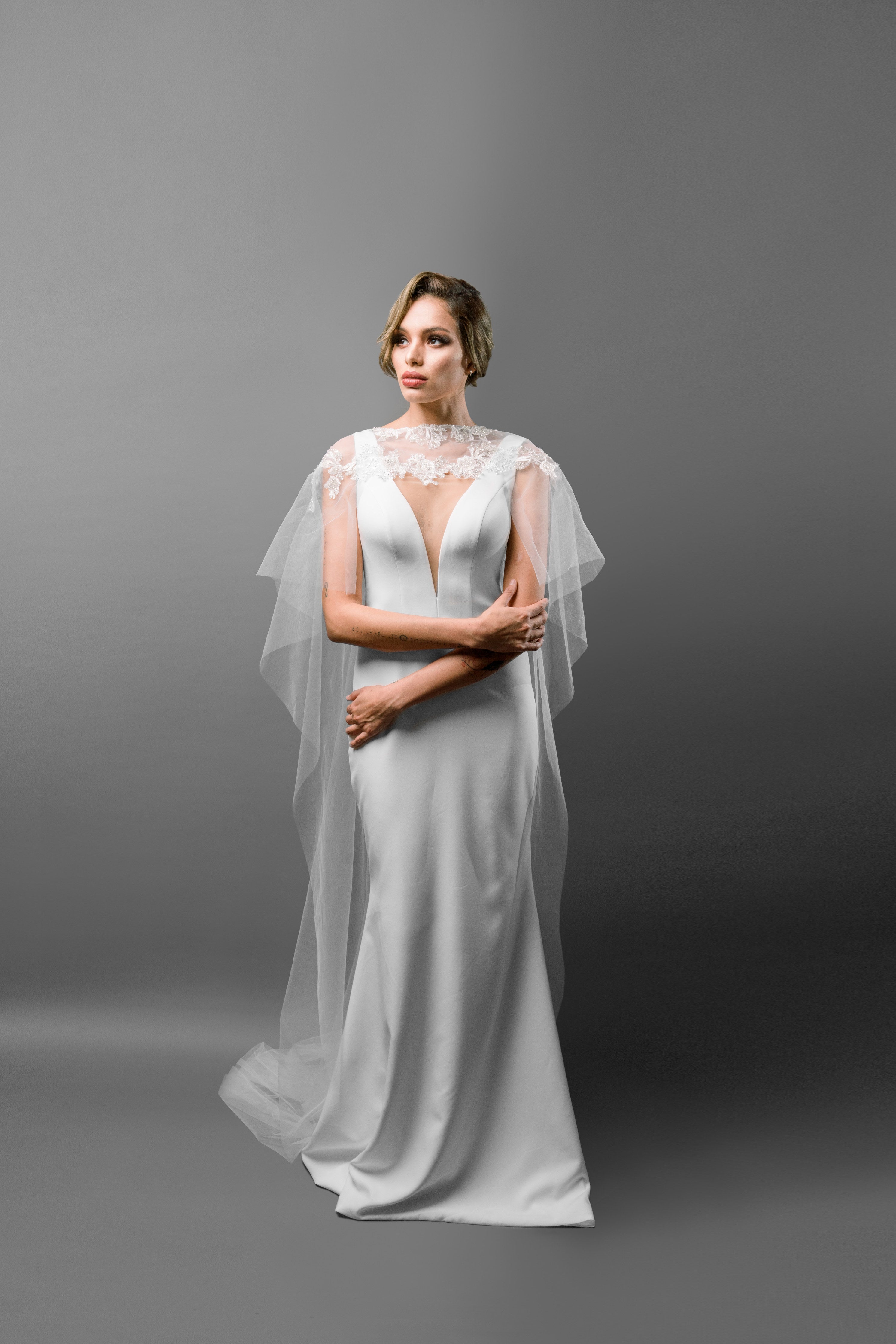 Tulle Bridal Cape with Lace Applique - Maxima Bridal