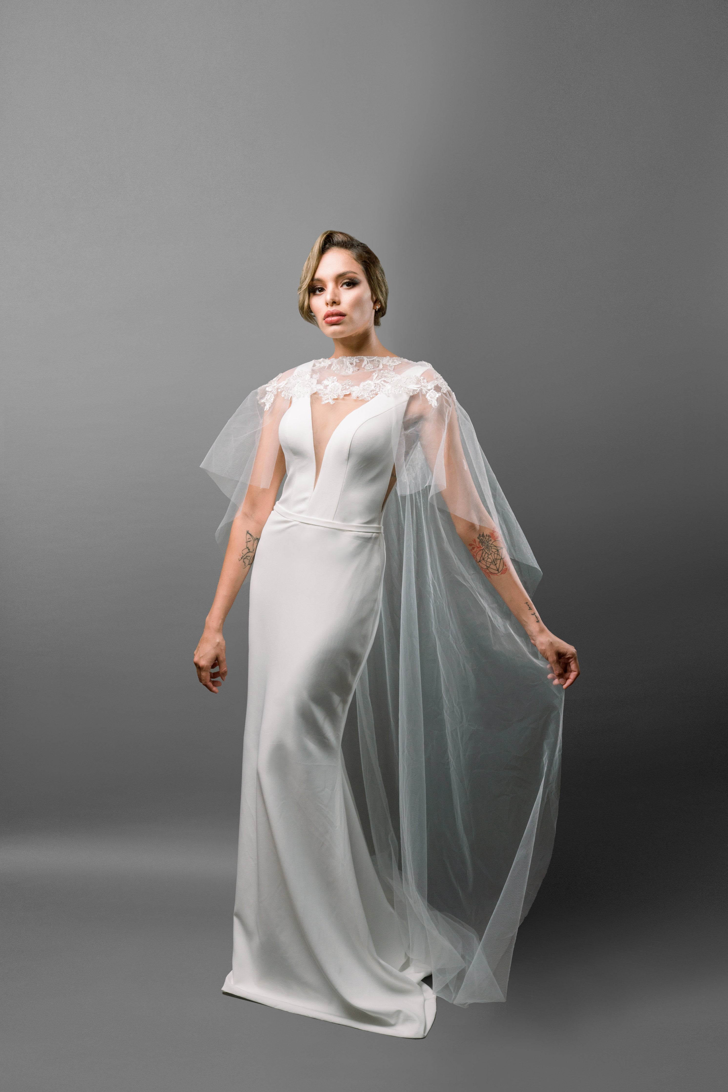 Tulle Bridal Cape with Lace Applique - Maxima Bridal