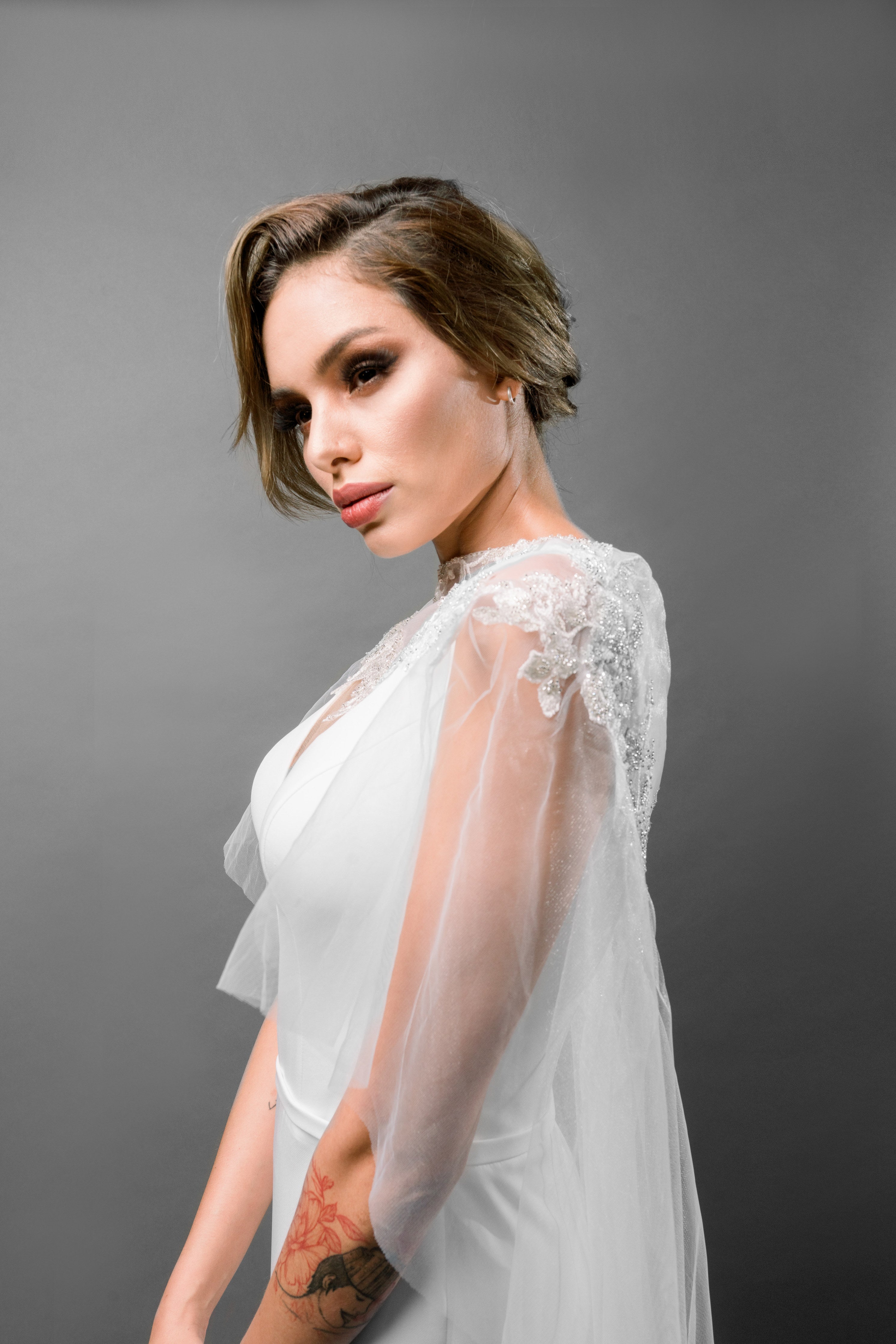 Tulle Bridal Cape with Lace Applique - Maxima Bridal