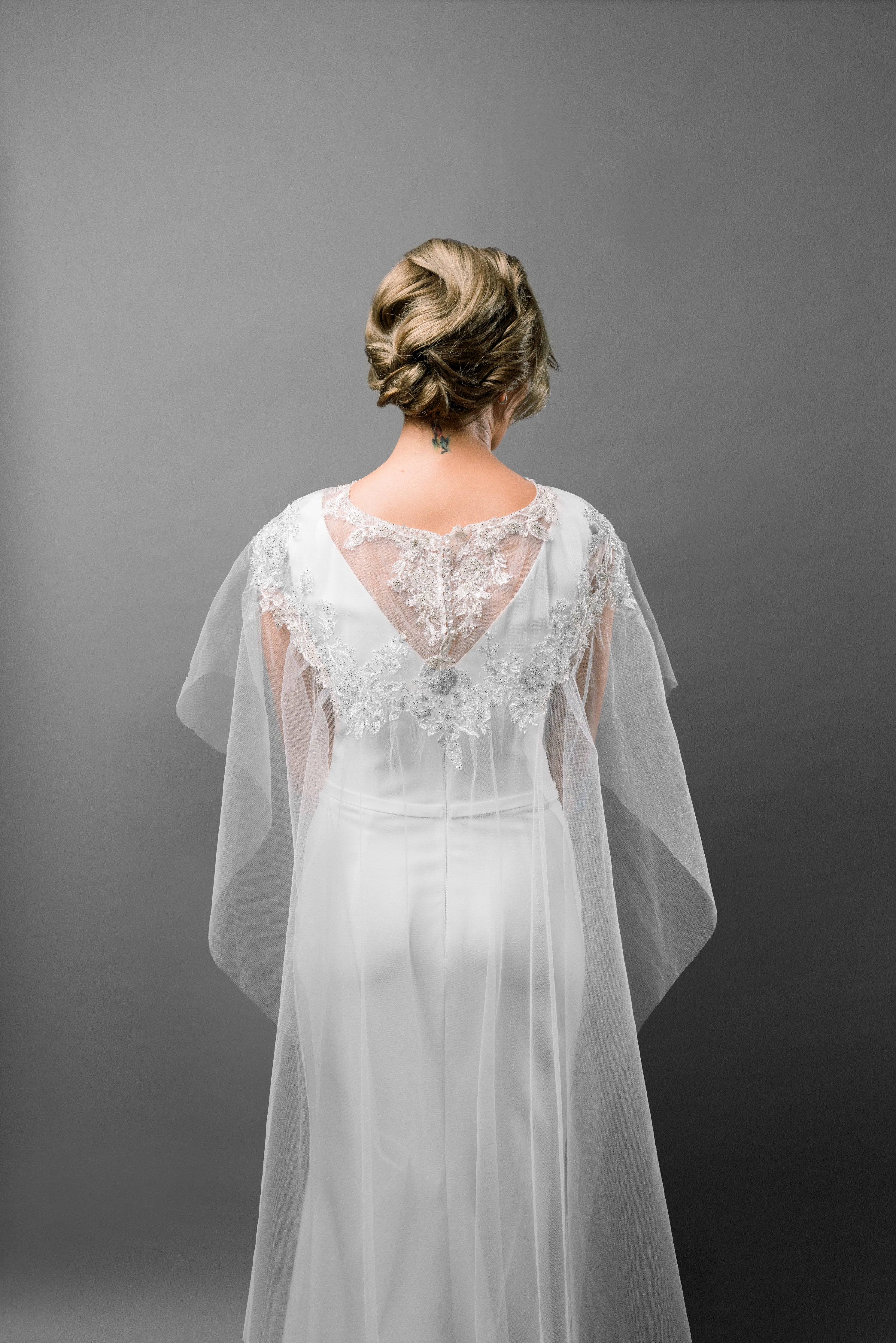 Tulle Bridal Cape with Lace Applique - Maxima Bridal