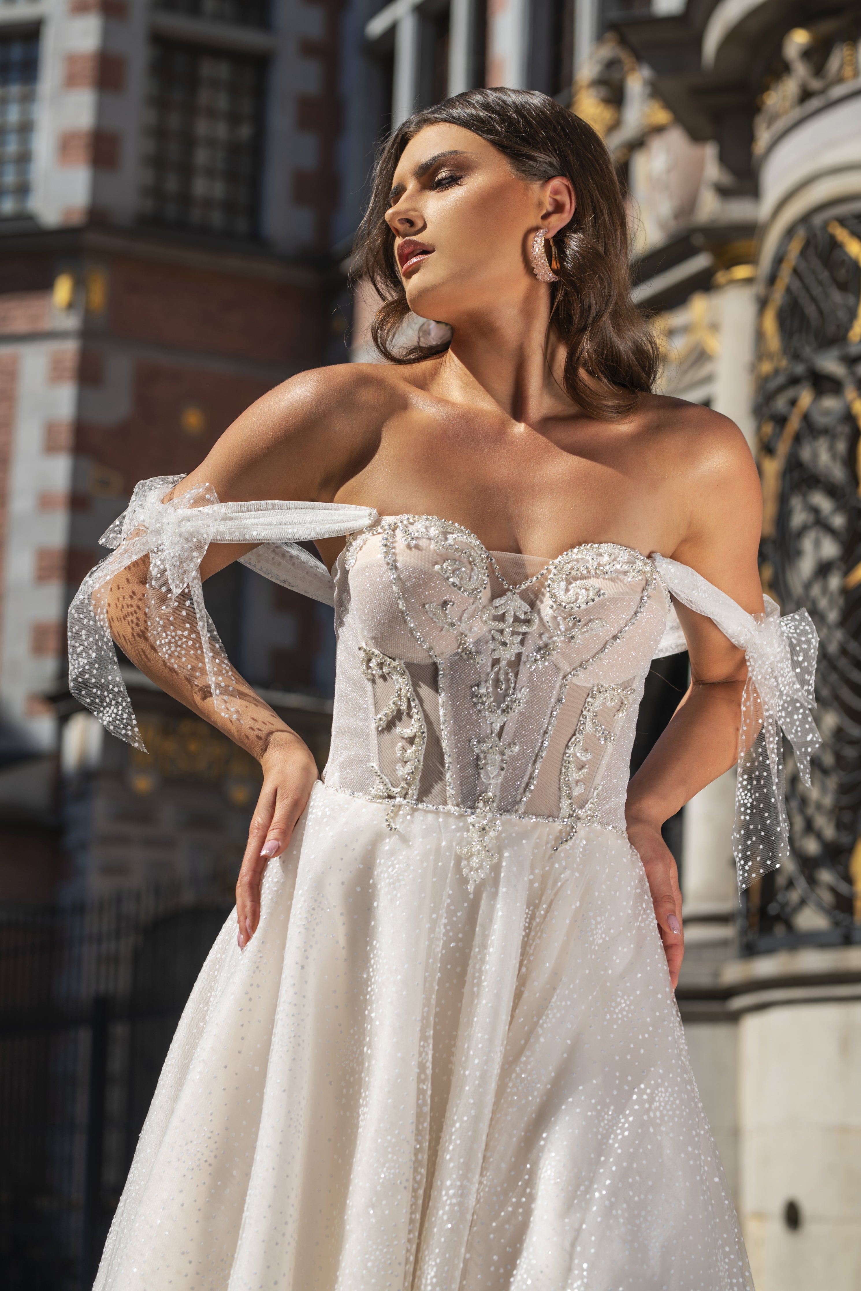 Danielle - Off the Shoulder A-Line Wedding Dress with Side Slit - Maxima Bridal