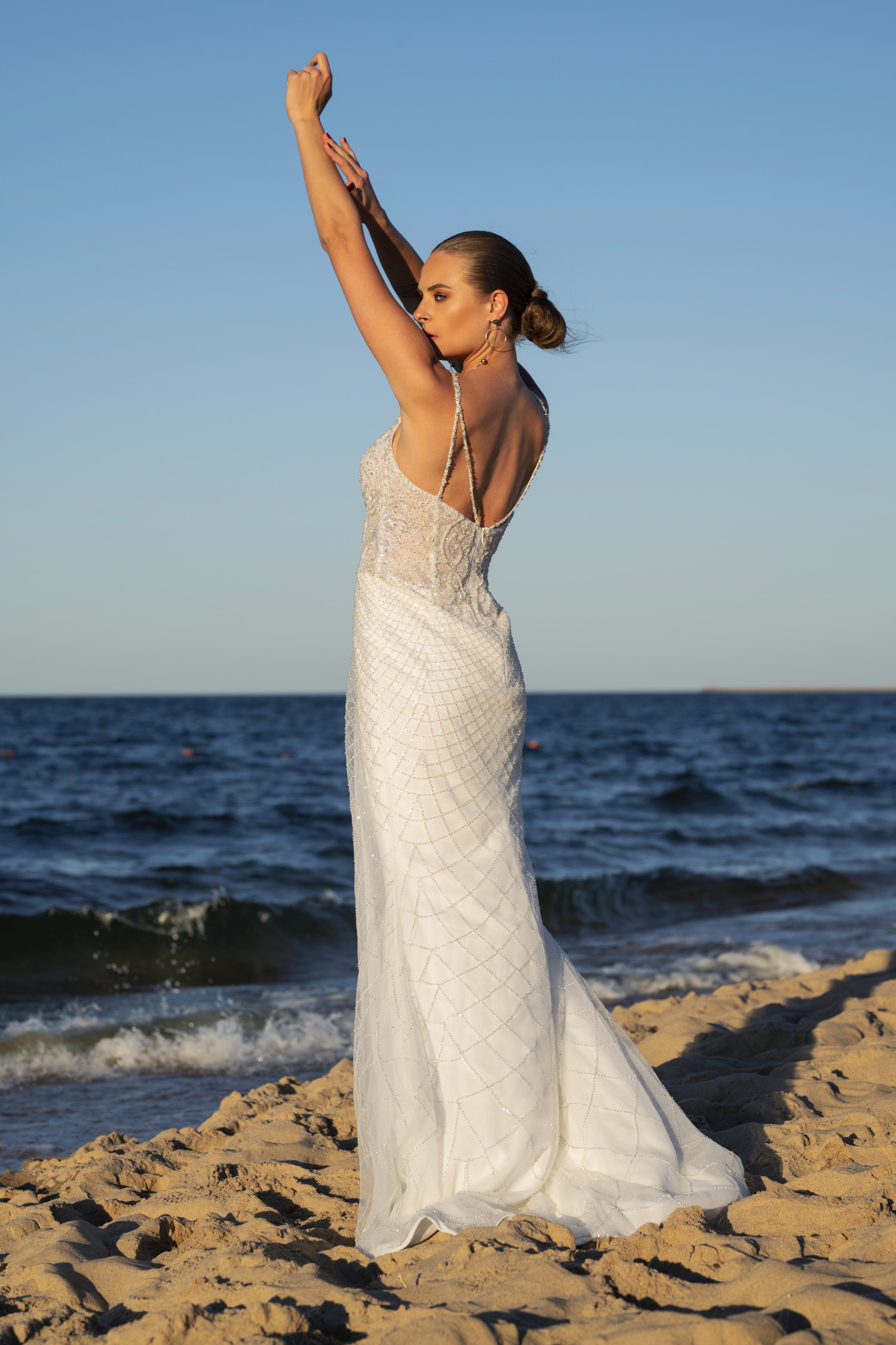 Laurence - Textured Sheath Wedding Dress with Detachable Sleeves - Maxima Bridal