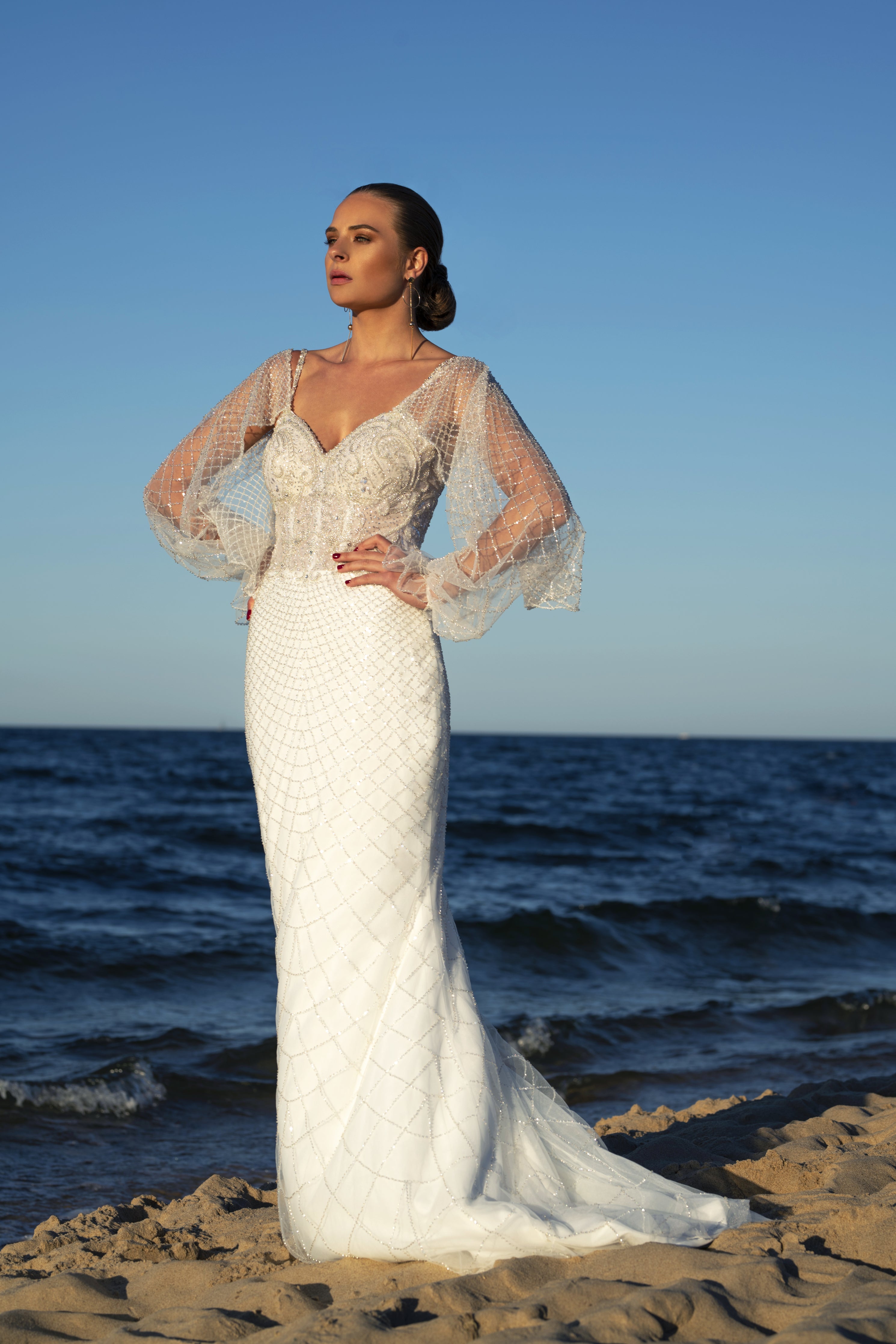 Laurence - Textured Sheath Wedding Dress with Detachable Sleeves - Maxima Bridal
